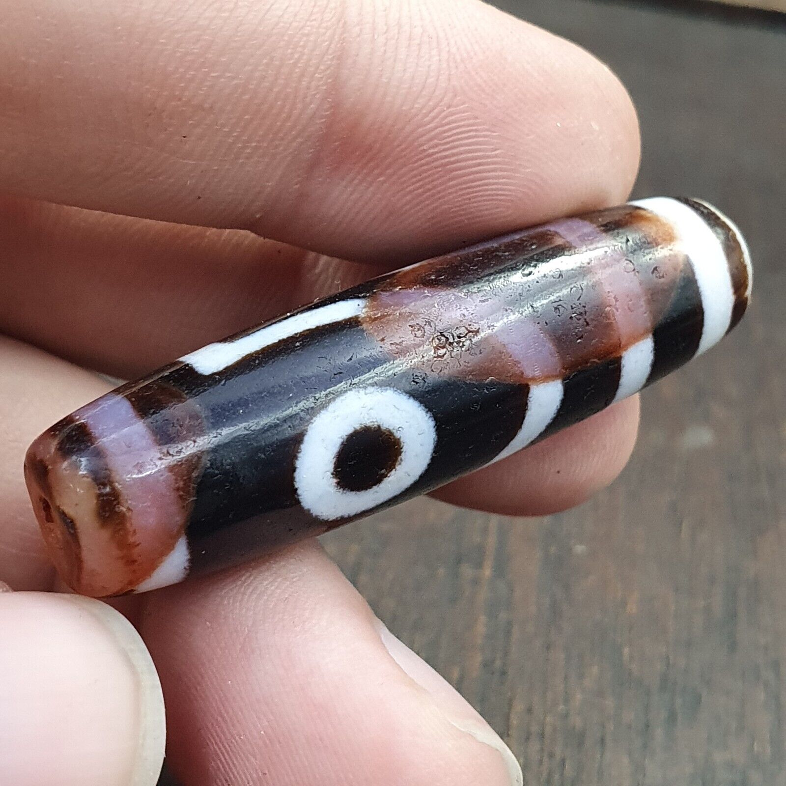 Antique Tibetan Old Rusted Agate Dzi Bead " 2 eyes " Amulet Pendant E-22