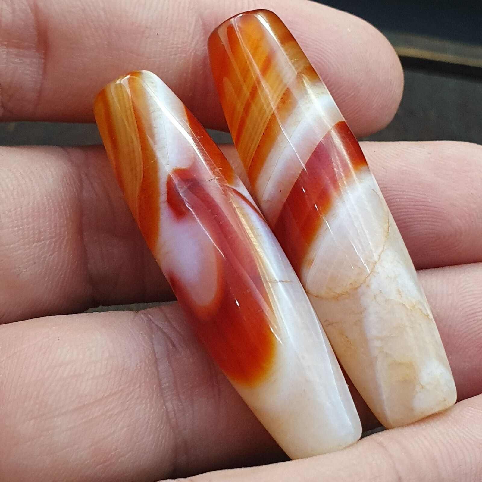 2 Red Agate Beads Vintage Himalayan Tibetan Agate Rare Patterns Beads