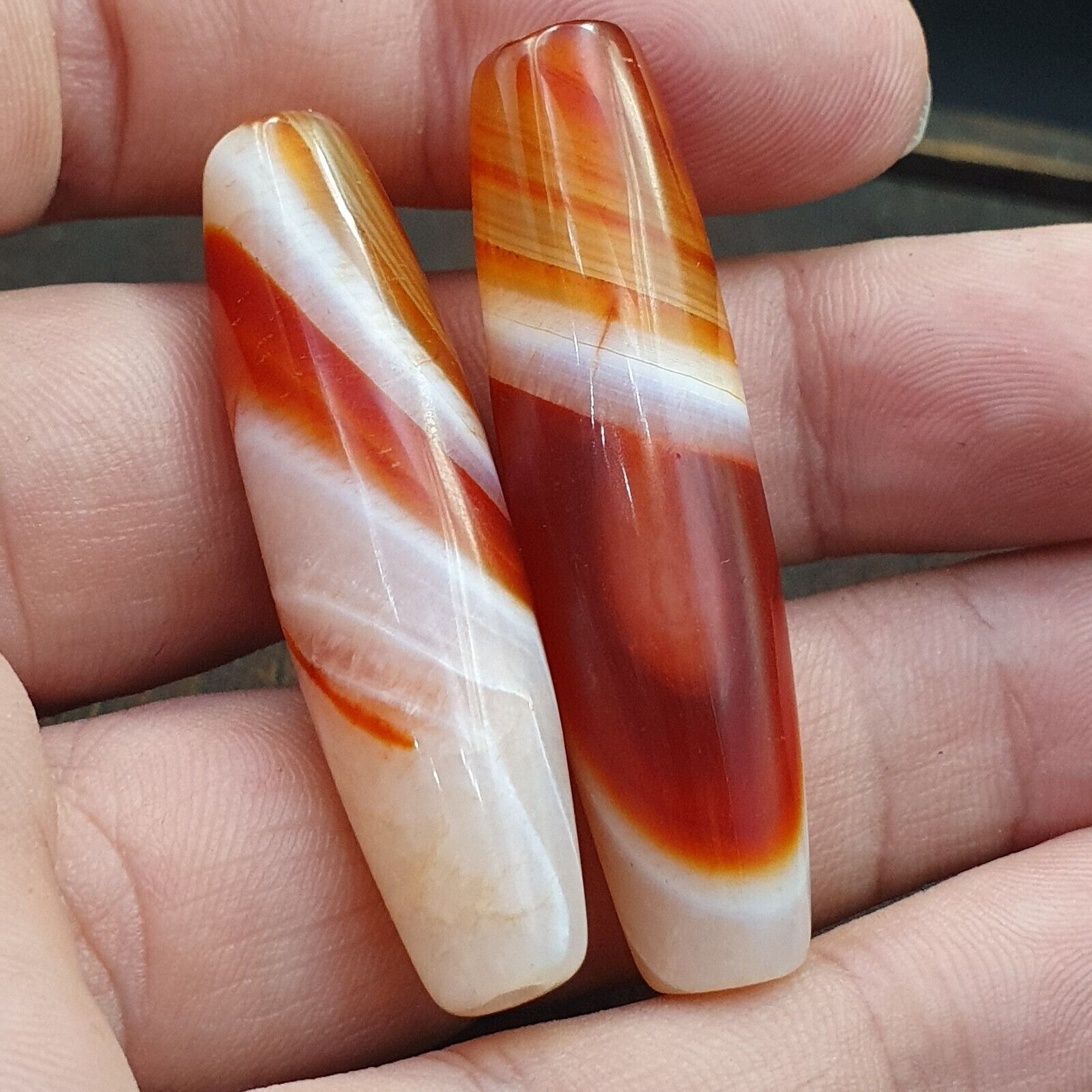 2 Red Agate Beads Vintage Himalayan Tibetan Agate Rare Patterns Beads