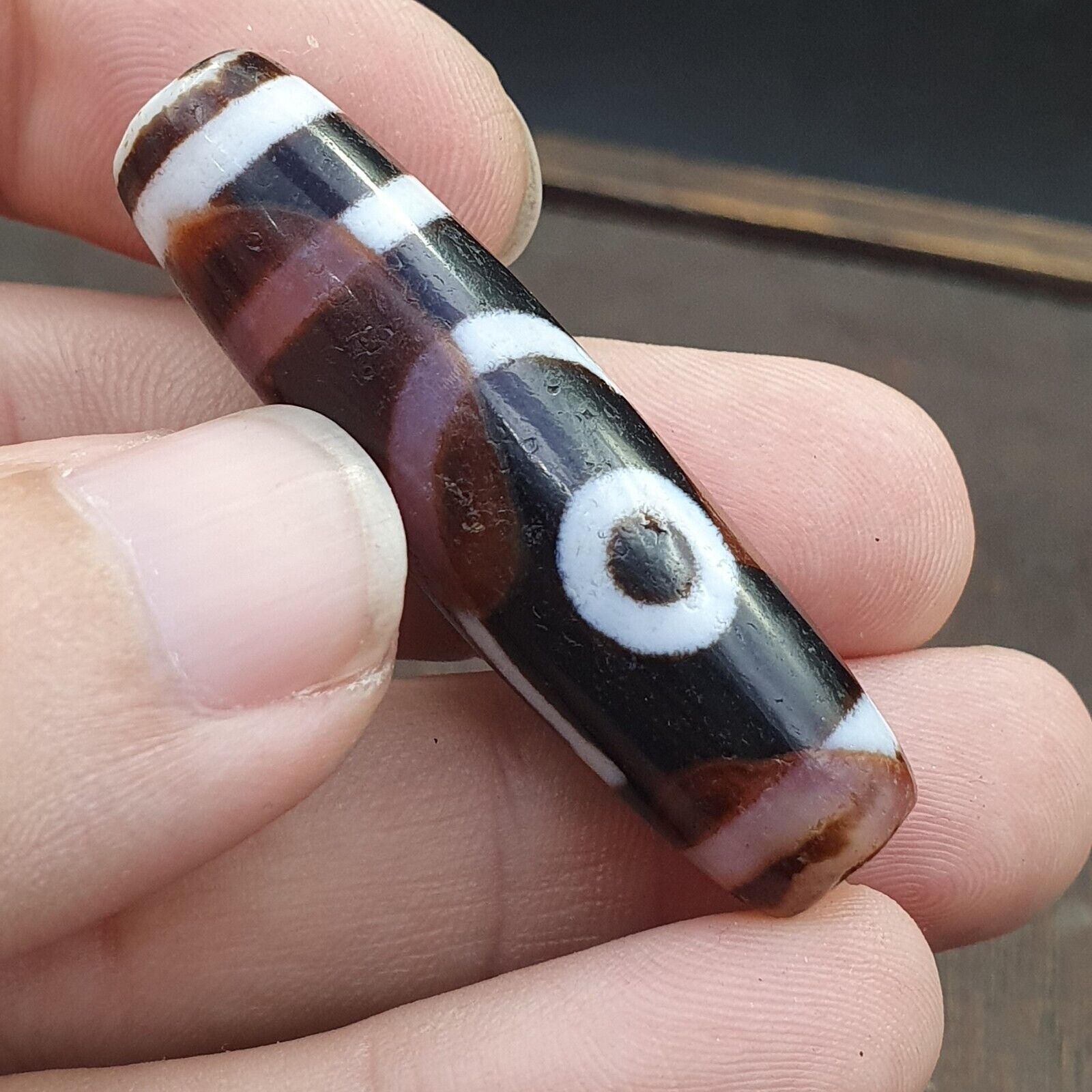 Antique Tibetan Old Rusted Agate Dzi Bead " 2 eyes " Amulet Pendant E-22