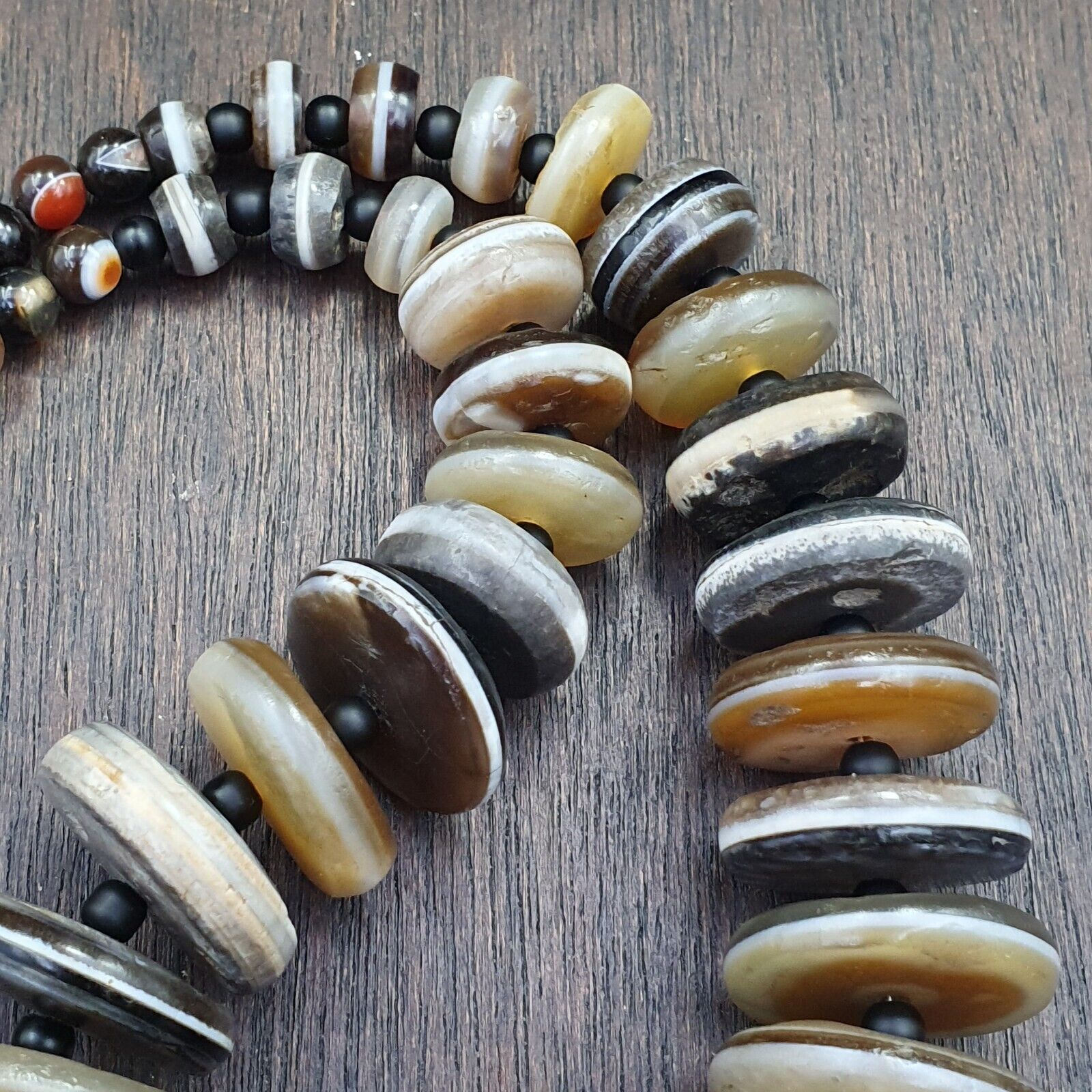 VERY RARE COLLECTION ANCIENT DZI AGATE STONE DISC Himalaya Beads Necklace B-3