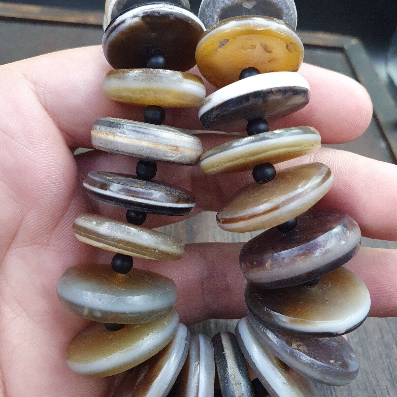 VERY RARE COLLECTION ANCIENT DZI AGATE STONE DISC Himalaya Beads Necklace B-3