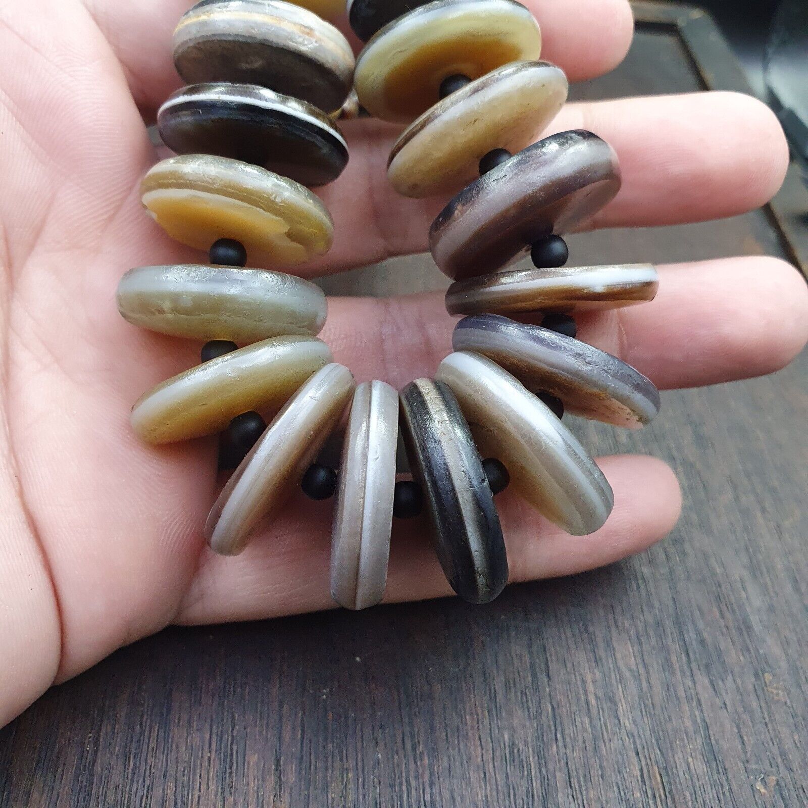 VERY RARE COLLECTION ANCIENT DZI AGATE STONE DISC Himalaya Beads Necklace B-3