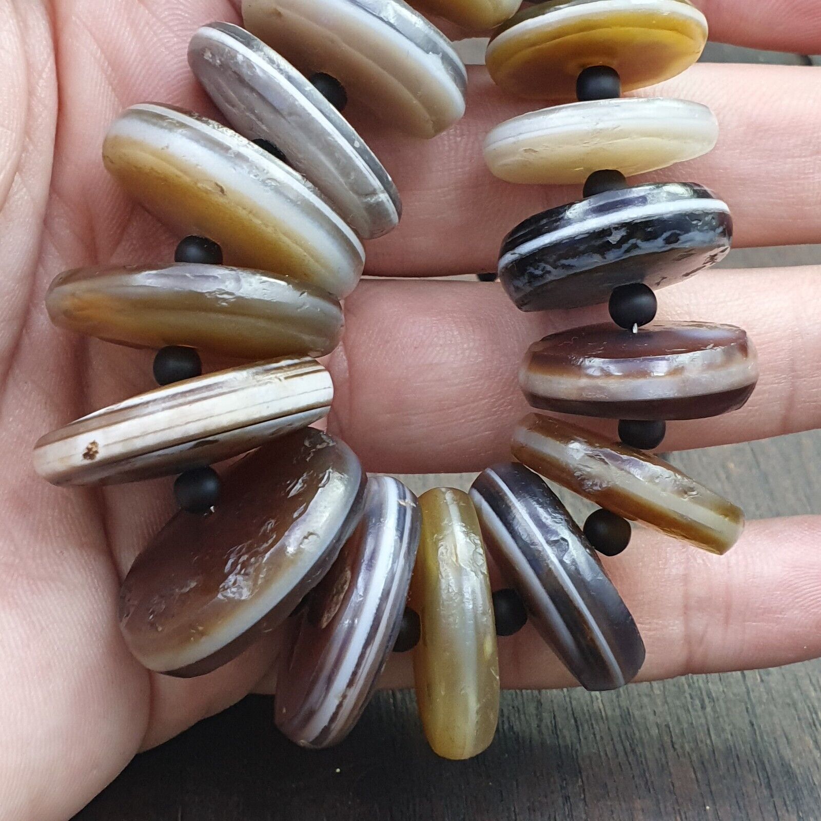 VERY RARE COLLECTION ANCIENT DZI AGATE STONE DISC Himalaya Beads Necklace B-1