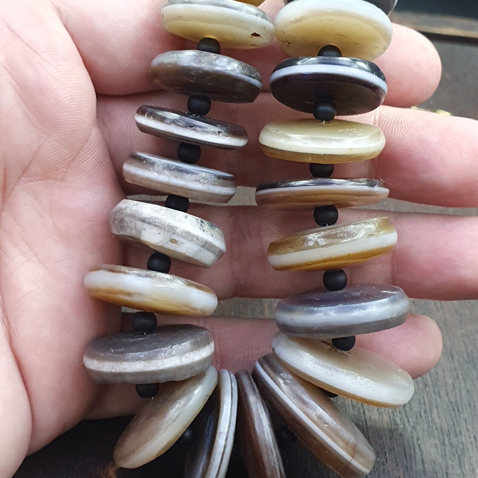 VERY RARE COLLECTION ANCIENT DZI AGATE STONE DISC Himalaya Beads Necklace B-2