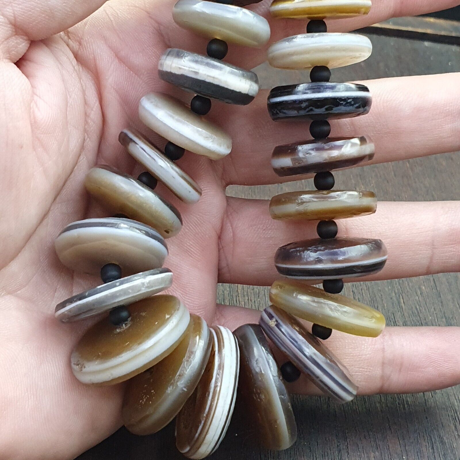 VERY RARE COLLECTION ANCIENT DZI AGATE STONE DISC Himalaya Beads Necklace B-1