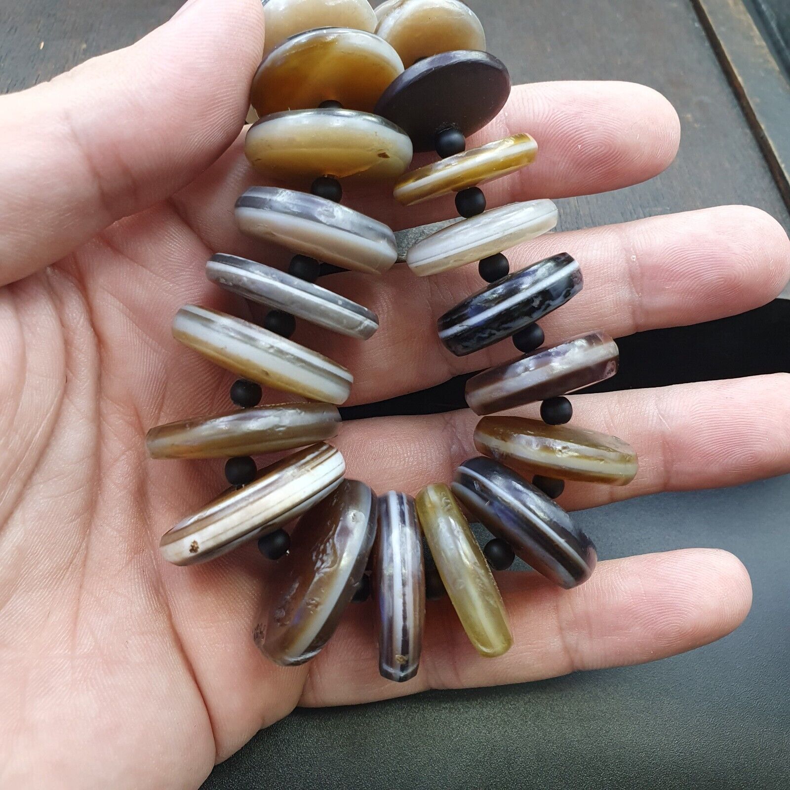 VERY RARE COLLECTION ANCIENT DZI AGATE STONE DISC Himalaya Beads Necklace B-1