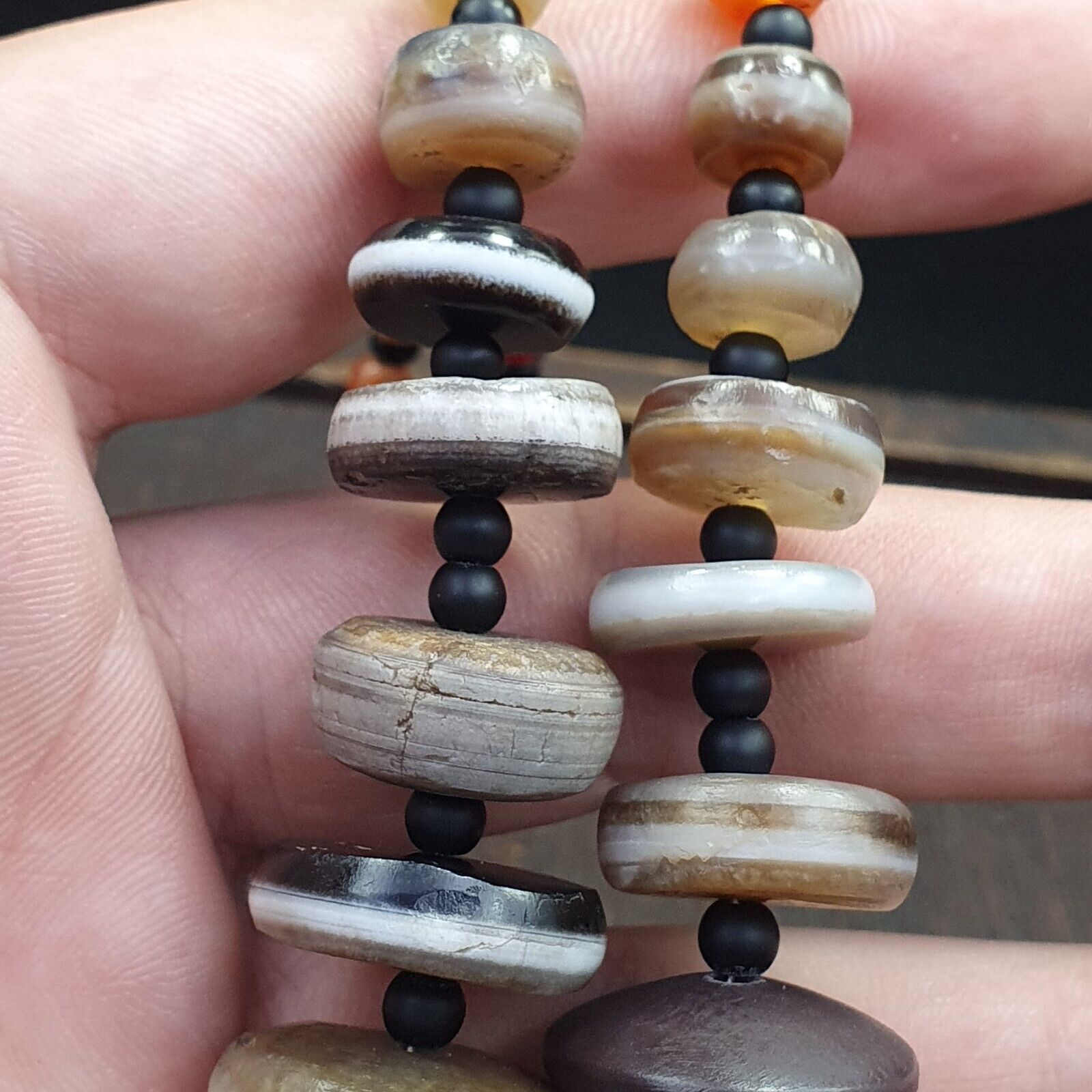 VERY RARE COLLECTION ANCIENT DZI AGATE STONE DISC Himalaya Beads Necklace B-1