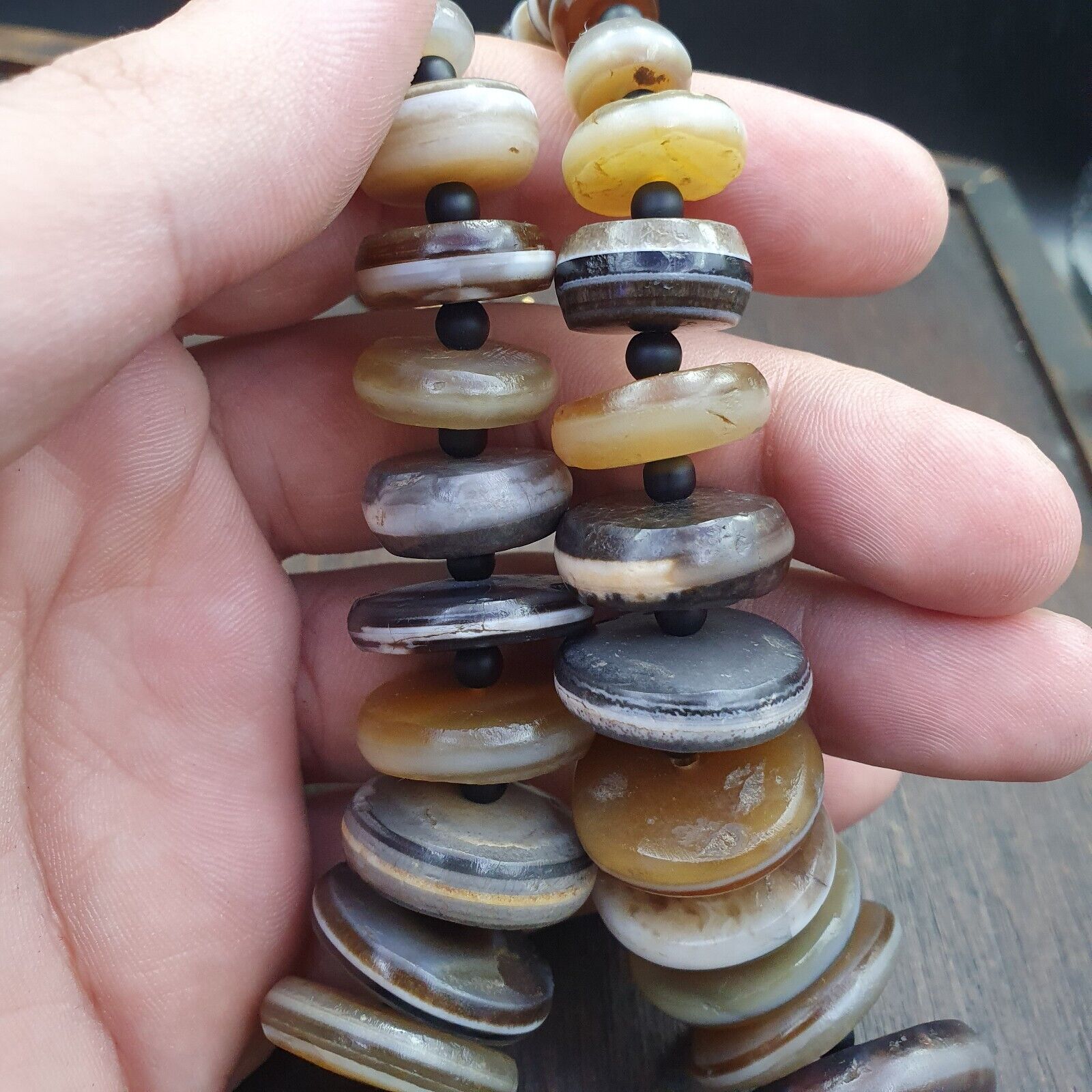 VERY RARE COLLECTION ANCIENT DZI AGATE STONE DISC Himalaya Beads Necklace B-3