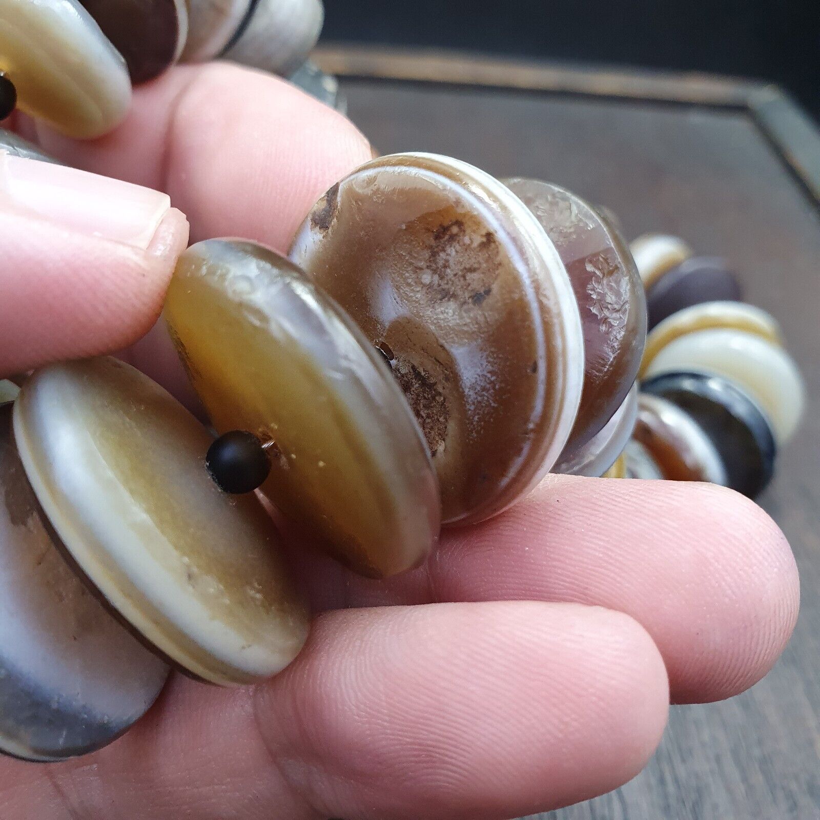 VERY RARE COLLECTION ANCIENT DZI AGATE STONE DISC Himalaya Beads Necklace B-1