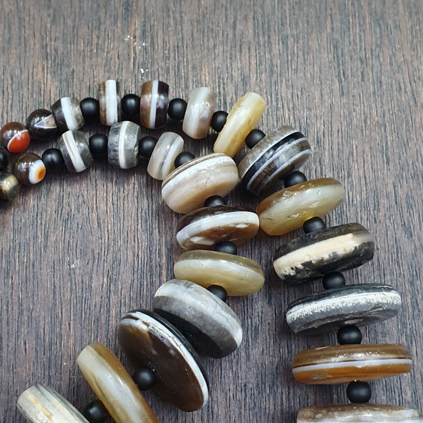 VERY RARE COLLECTION ANCIENT DZI AGATE STONE DISC Himalaya Beads Necklace B-3