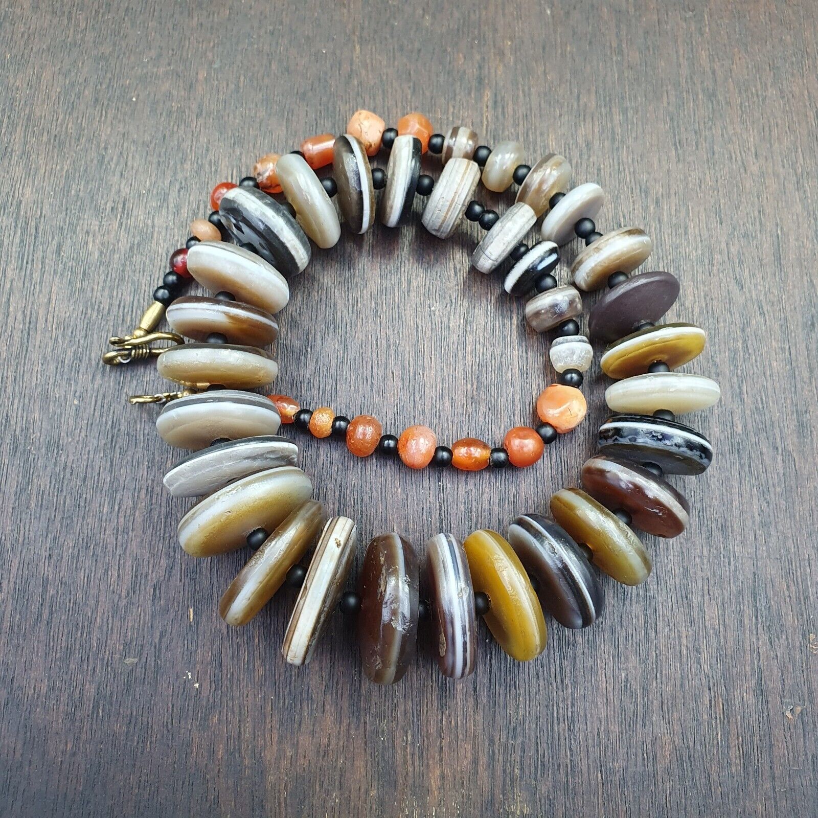 VERY RARE COLLECTION ANCIENT DZI AGATE STONE DISC Himalaya Beads Necklace B-1