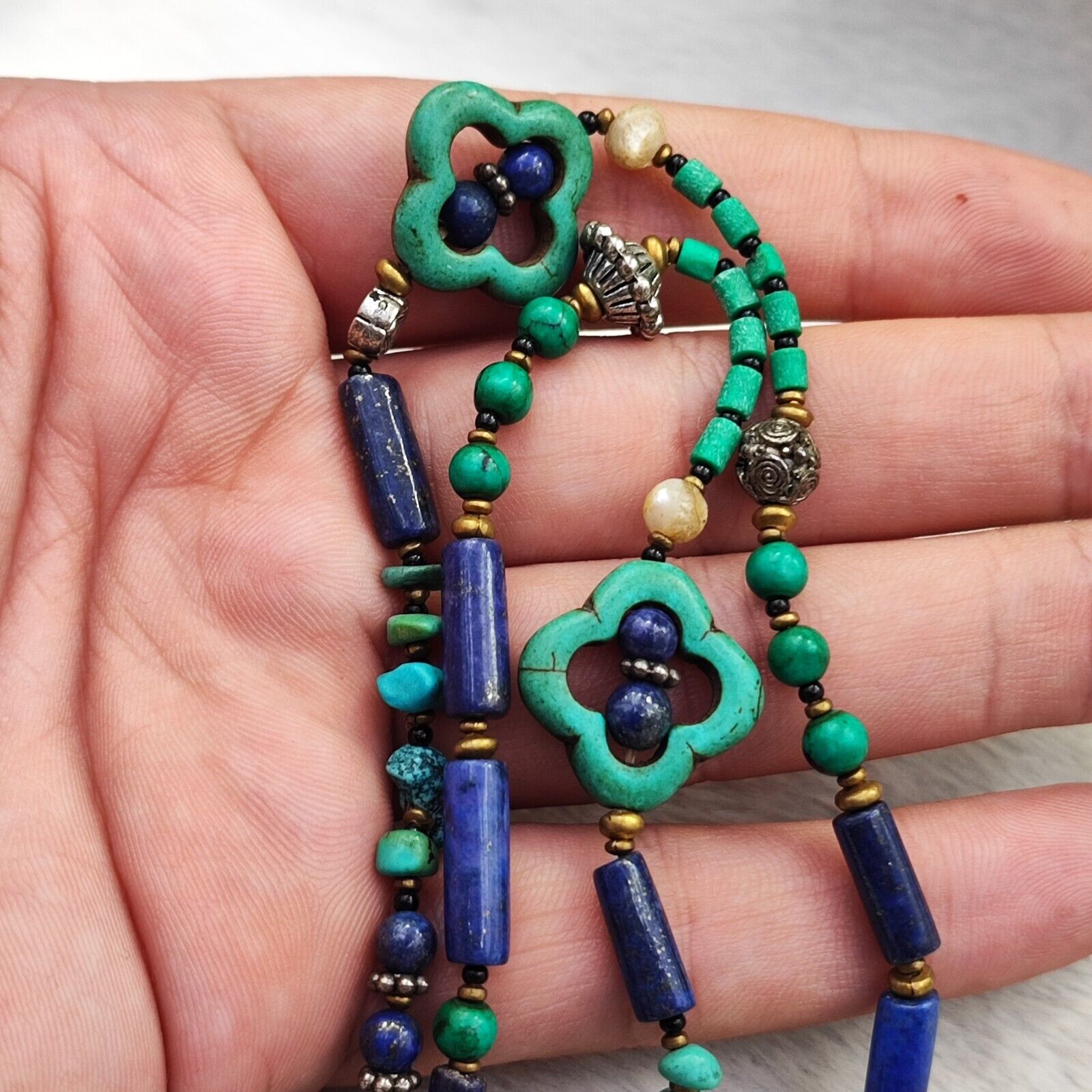 Turquoise, Lapis Lazuli Stone Tibetan Nepal Necklace Boho Ethnic Jewelry 40"