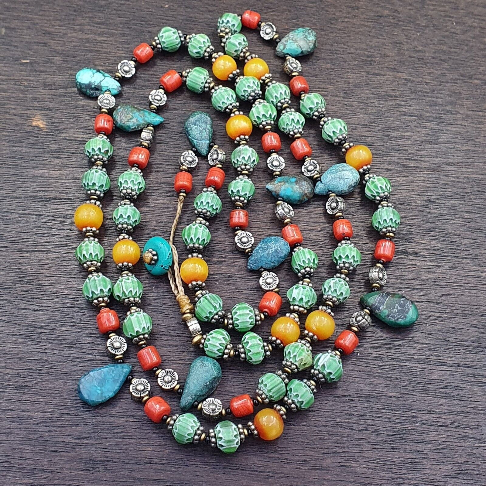 Turquoise Coral Amber Agate Stone Tibetan Nepal Necklace Boho Ethnic Jewelry 40"