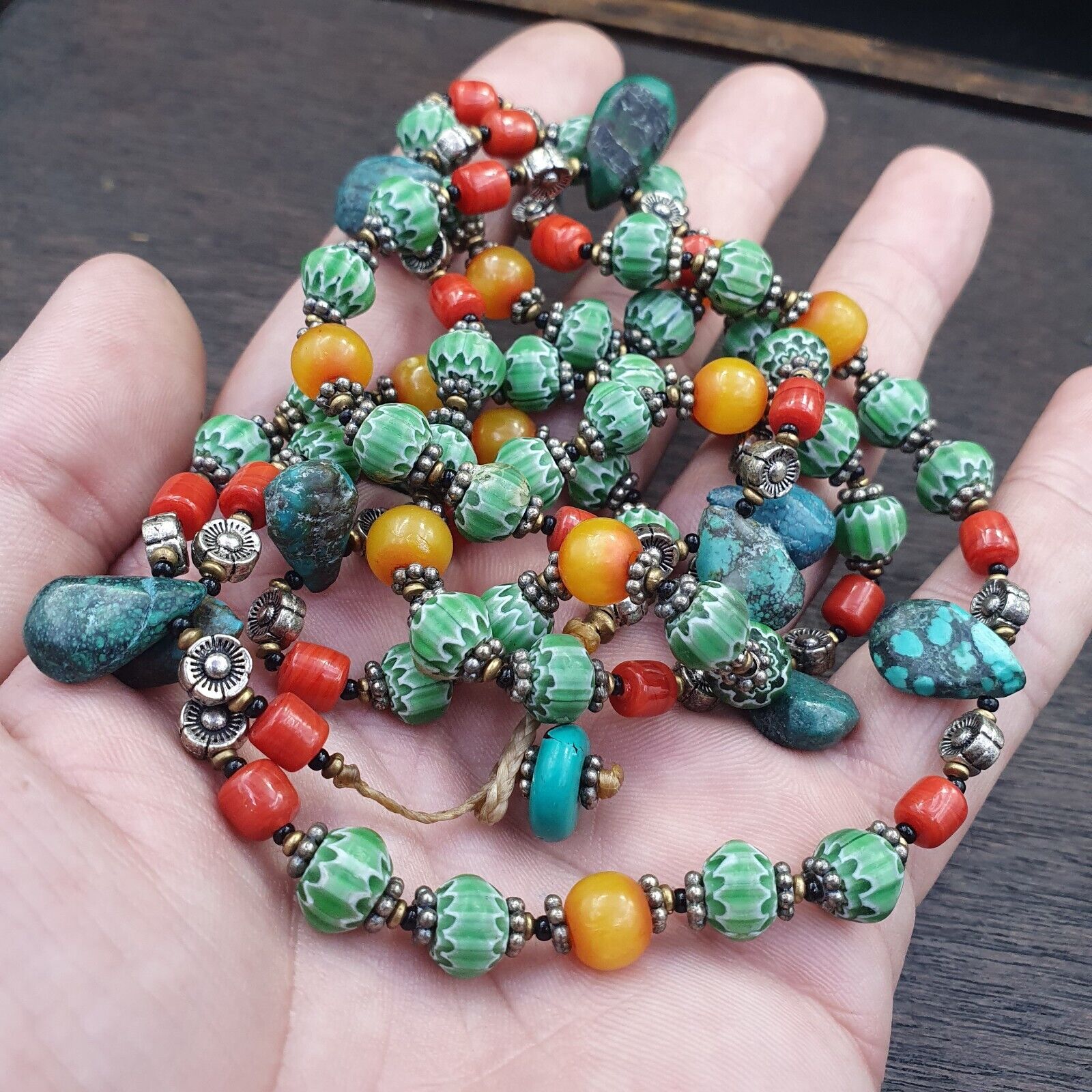 Turquoise Coral Amber Agate Stone Tibetan Nepal Necklace Boho Ethnic Jewelry 40"
