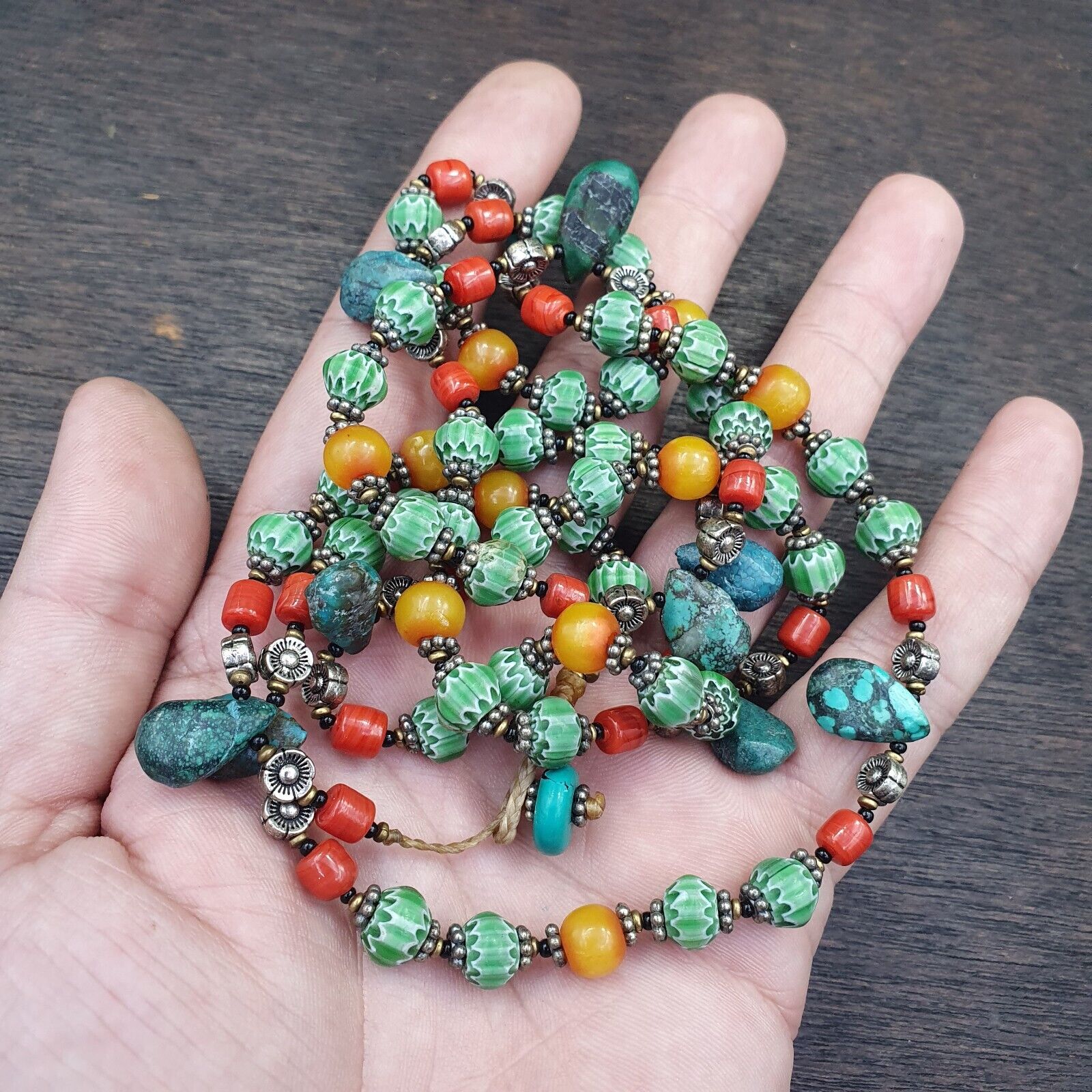 Turquoise Coral Amber Agate Stone Tibetan Nepal Necklace Boho Ethnic Jewelry 40"