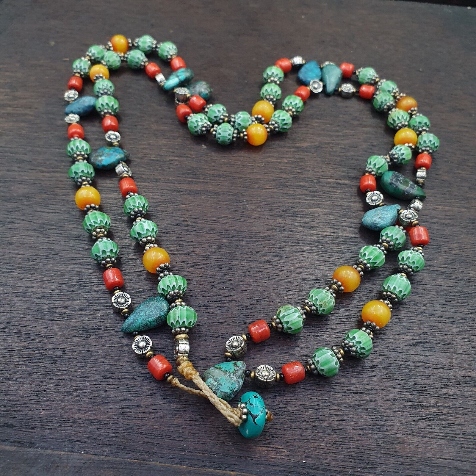 Turquoise Coral Amber Agate Stone Tibetan Nepal Necklace Boho Ethnic Jewelry 40"