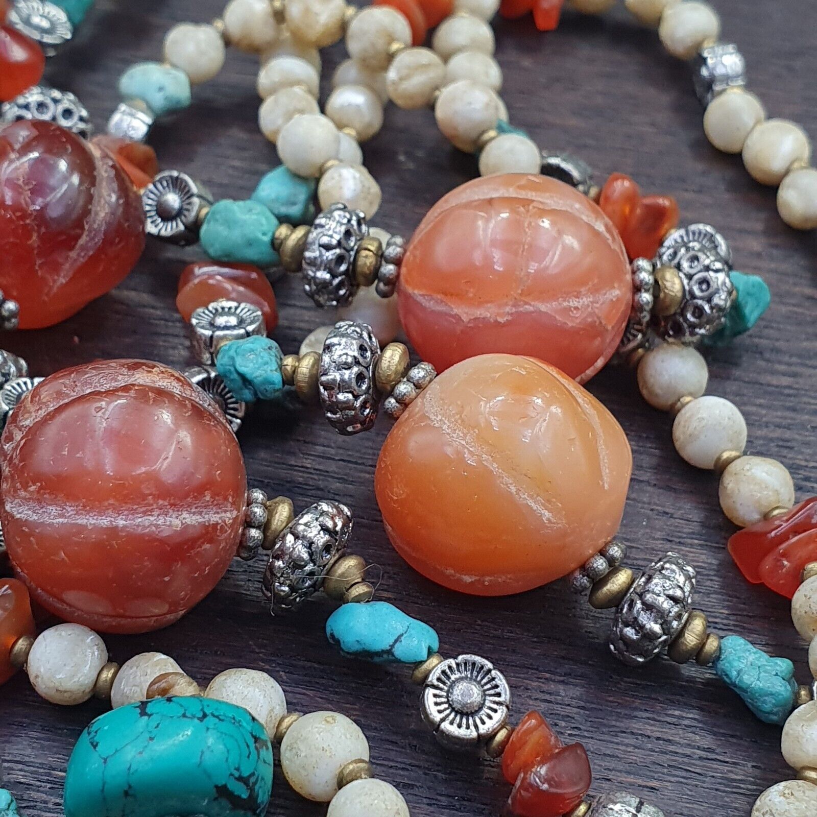 Turquoise Shell Pearl Agate Stone Tibetan Nepal Necklace Boho Ethnic Jewelry 40"