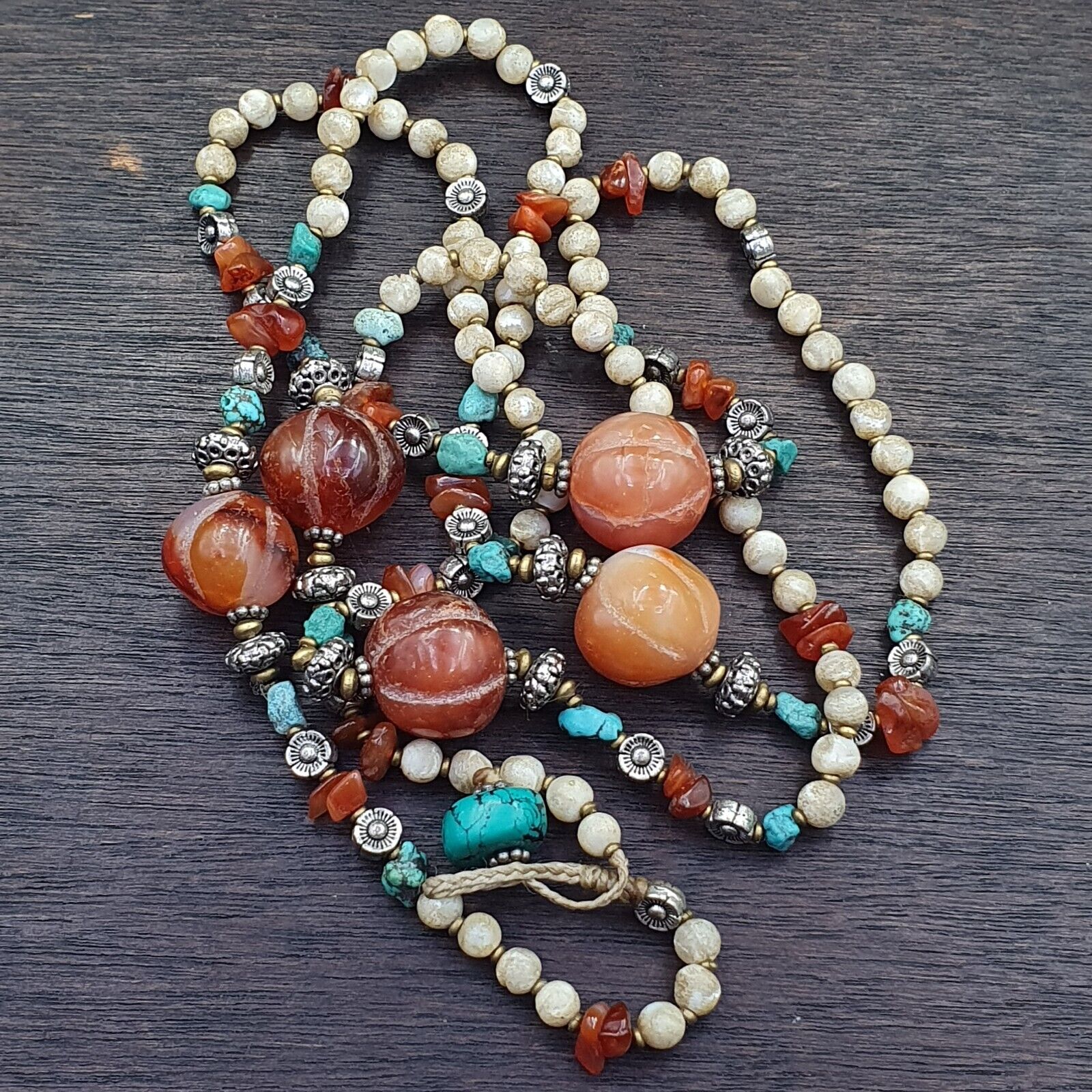 Turquoise Shell Pearl Agate Stone Tibetan Nepal Necklace Boho Ethnic Jewelry 40"
