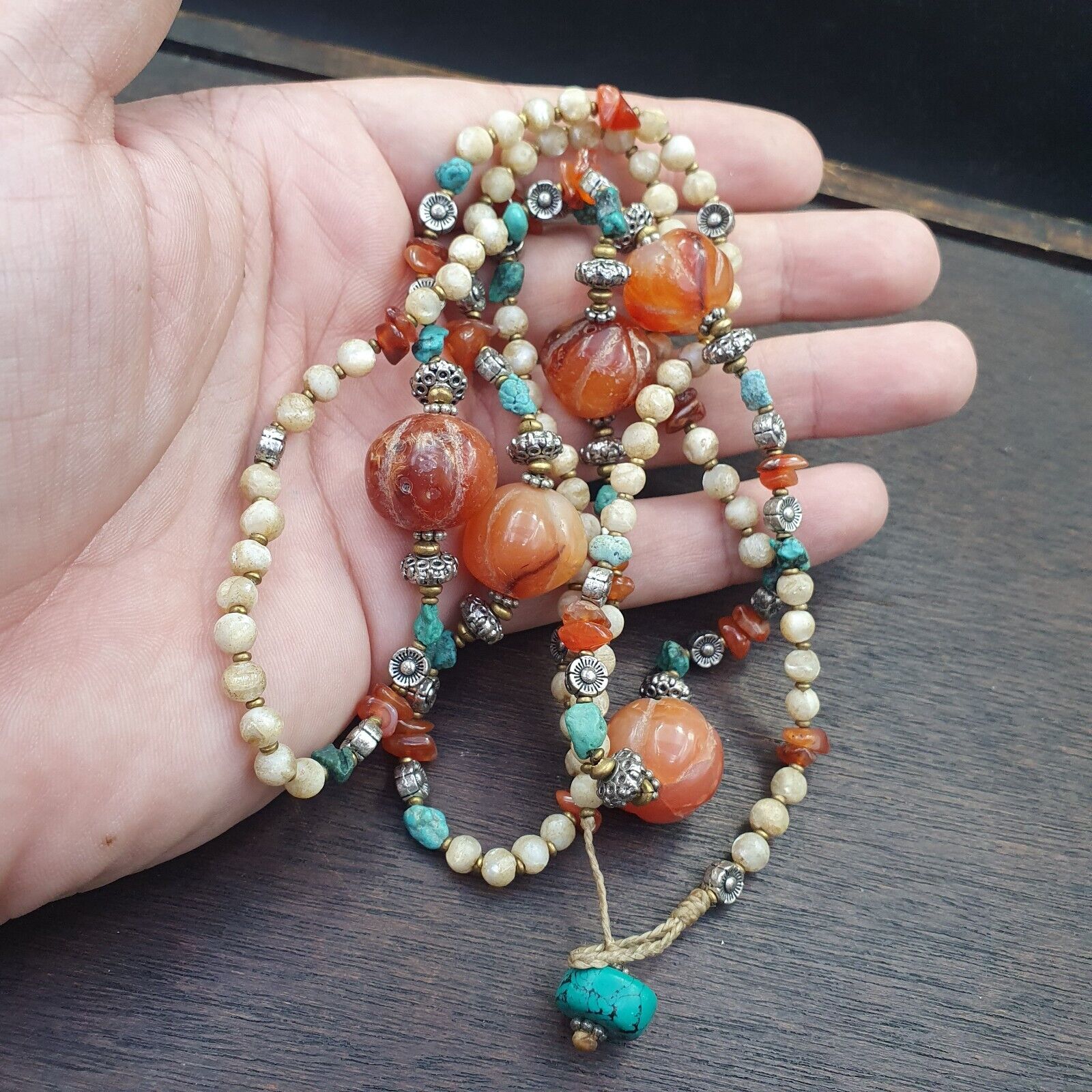 Turquoise Shell Pearl Agate Stone Tibetan Nepal Necklace Boho Ethnic Jewelry 40"