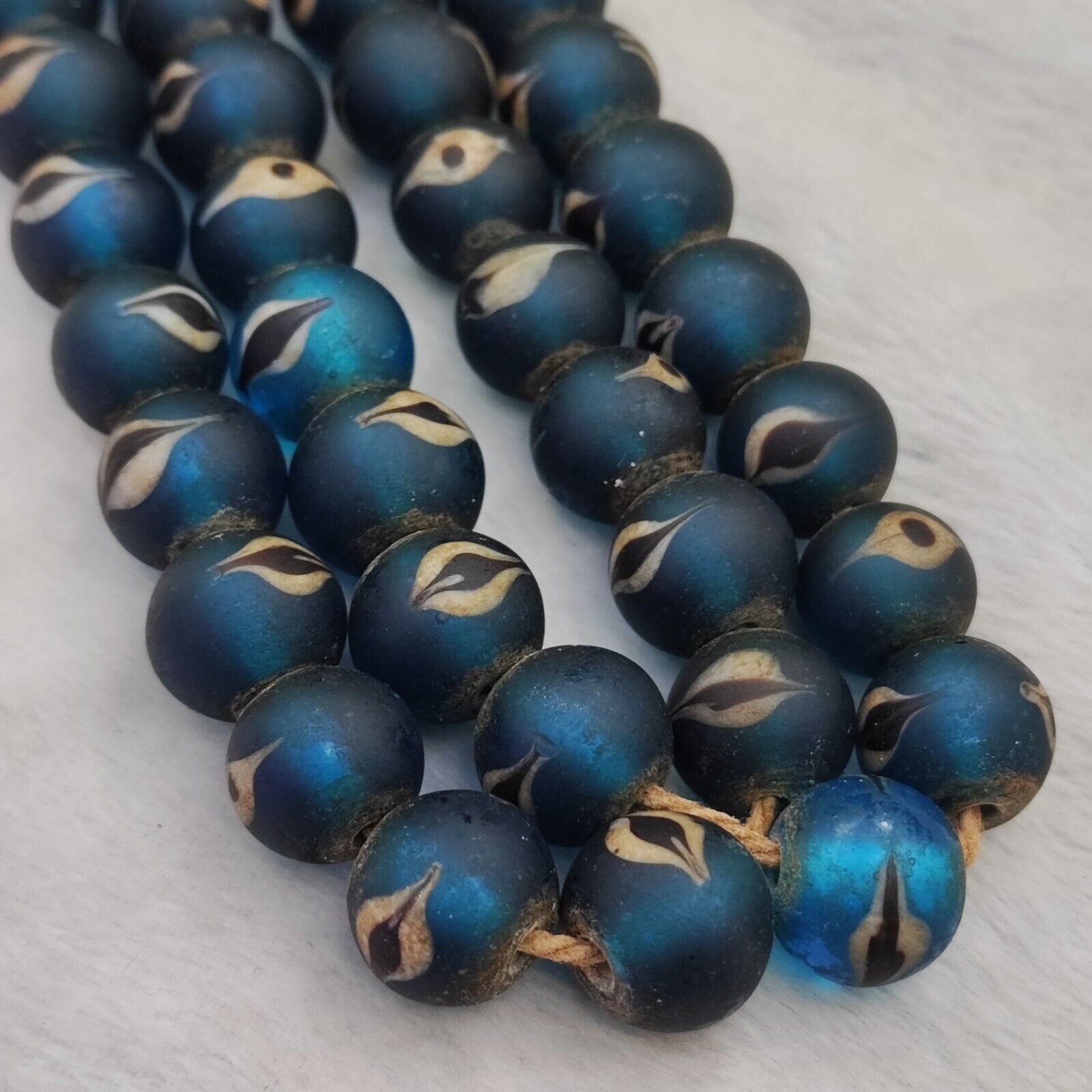 Unique Vintage Venetian Style eyes Blue Glass Beads Long Strand