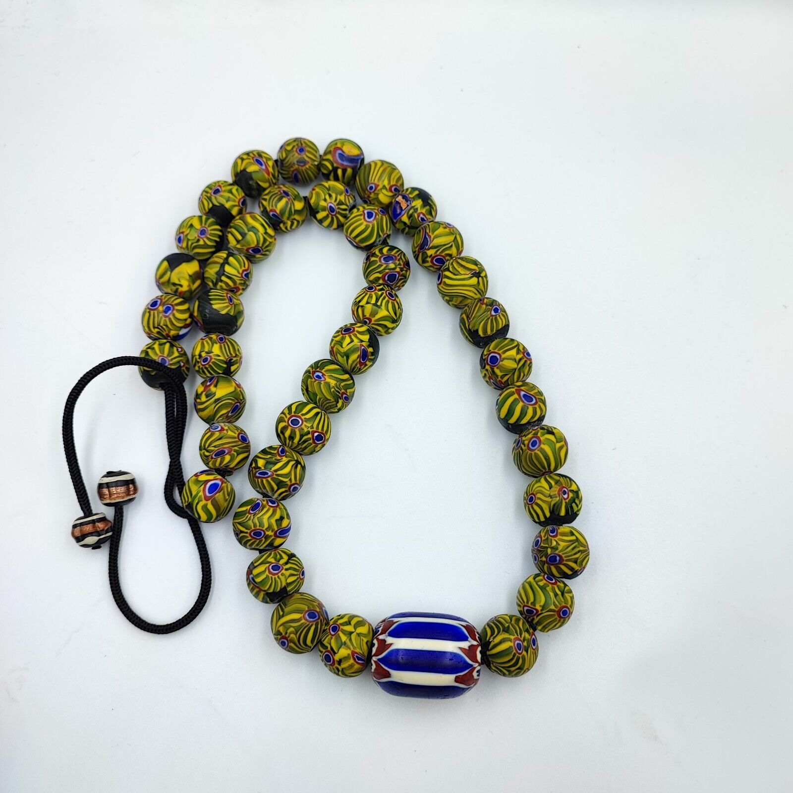 Very Unique Vintage Venetian Style Old Blue Chevron Glass Beads Long Strand