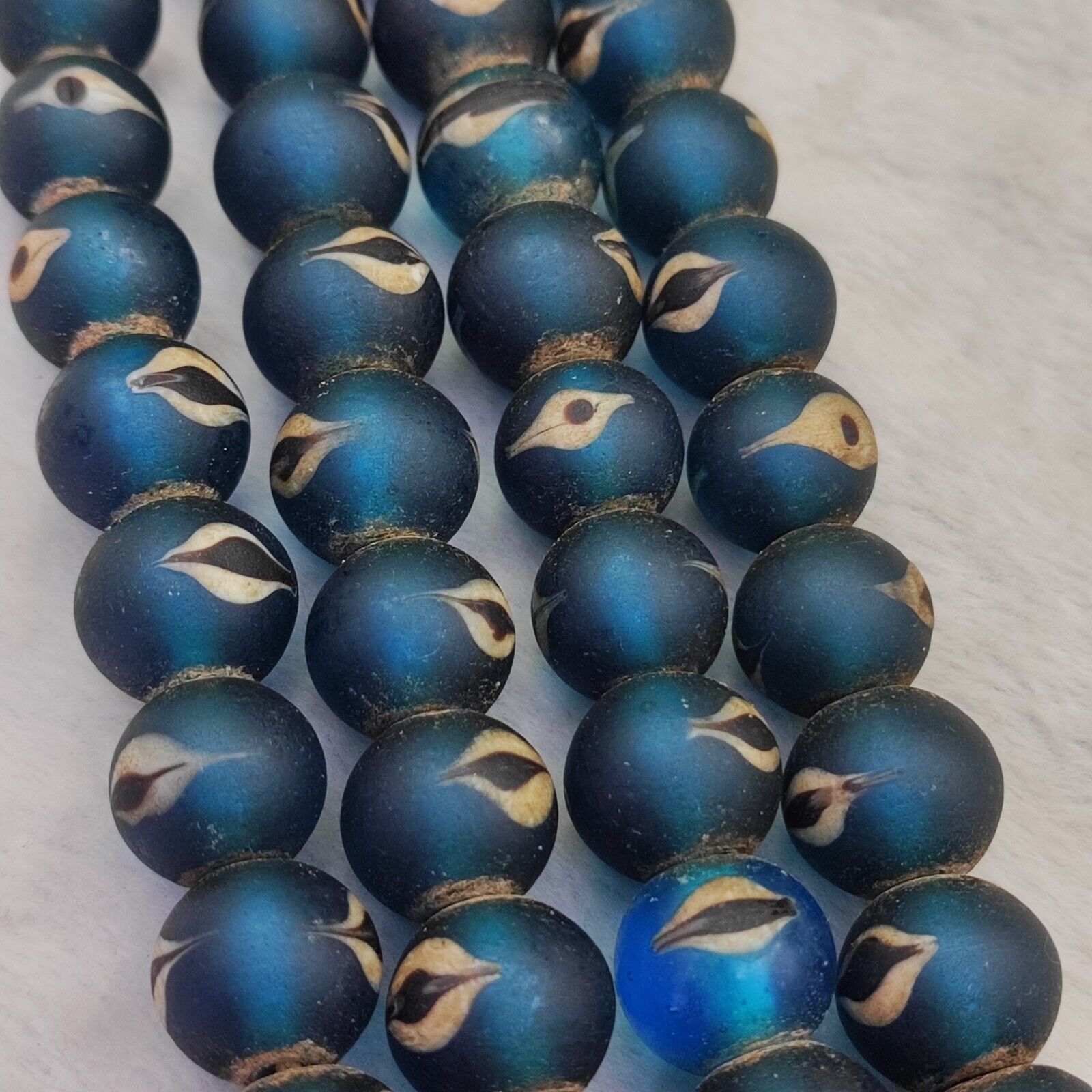 Unique Vintage Venetian Style eyes Blue Glass Beads Long Strand