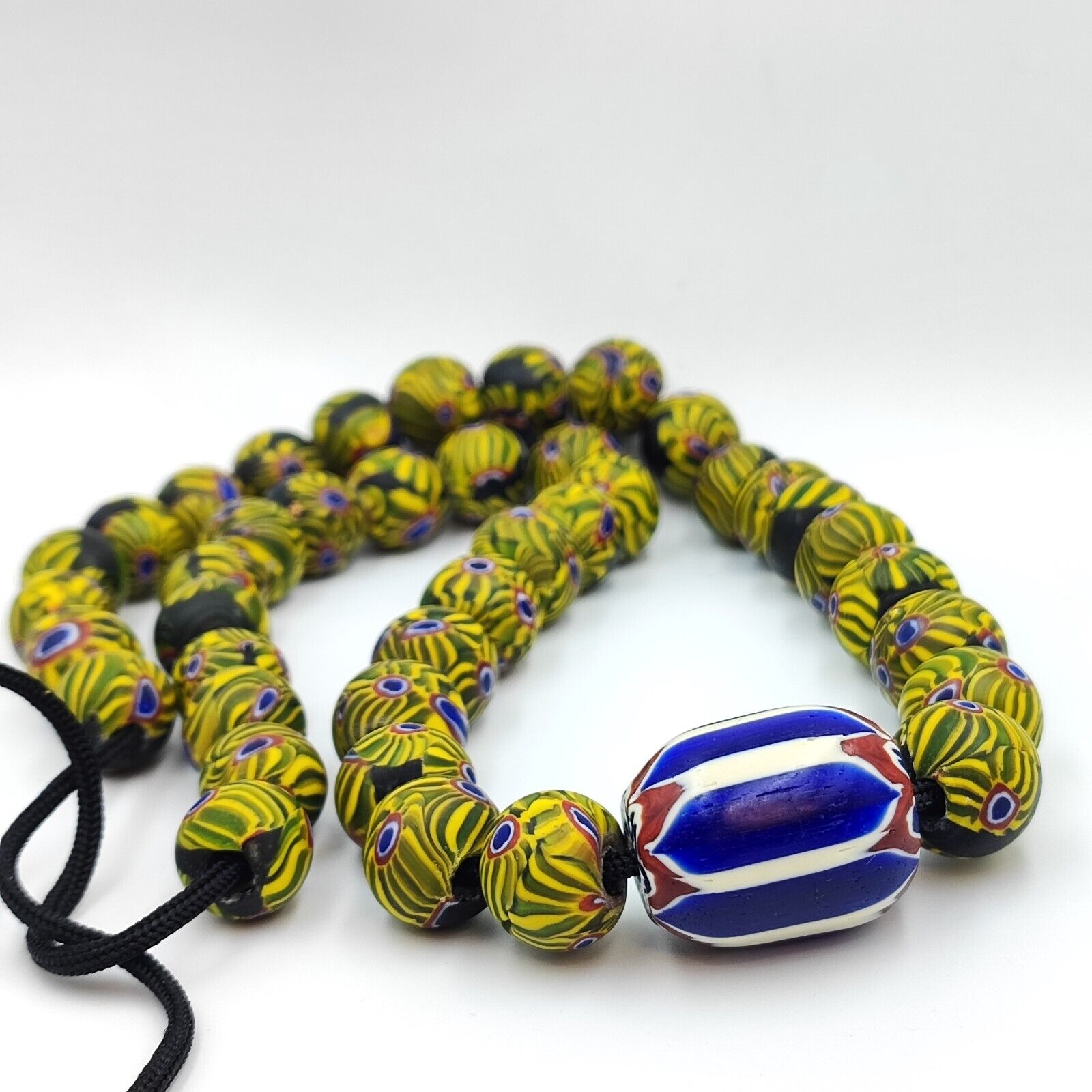 Very Unique Vintage Venetian Style Old Blue Chevron Glass Beads Long Strand