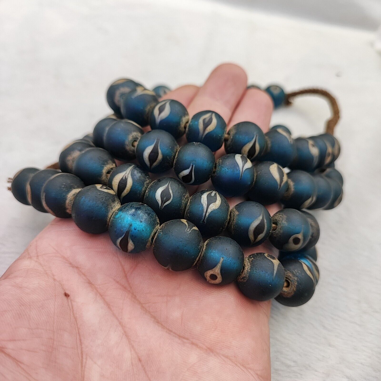 Unique Vintage Venetian Style eyes Blue Glass Beads Long Strand