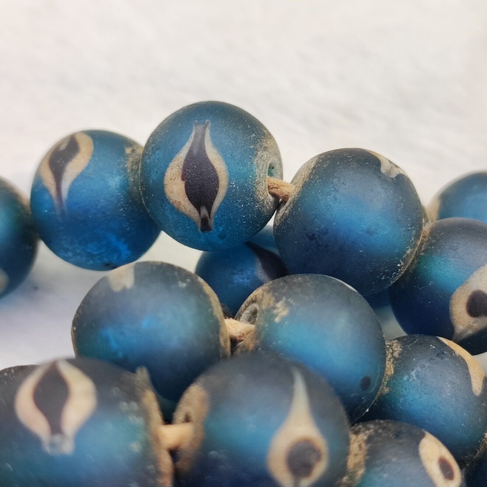 Unique Vintage Venetian Style eyes Blue Glass Beads Long Strand