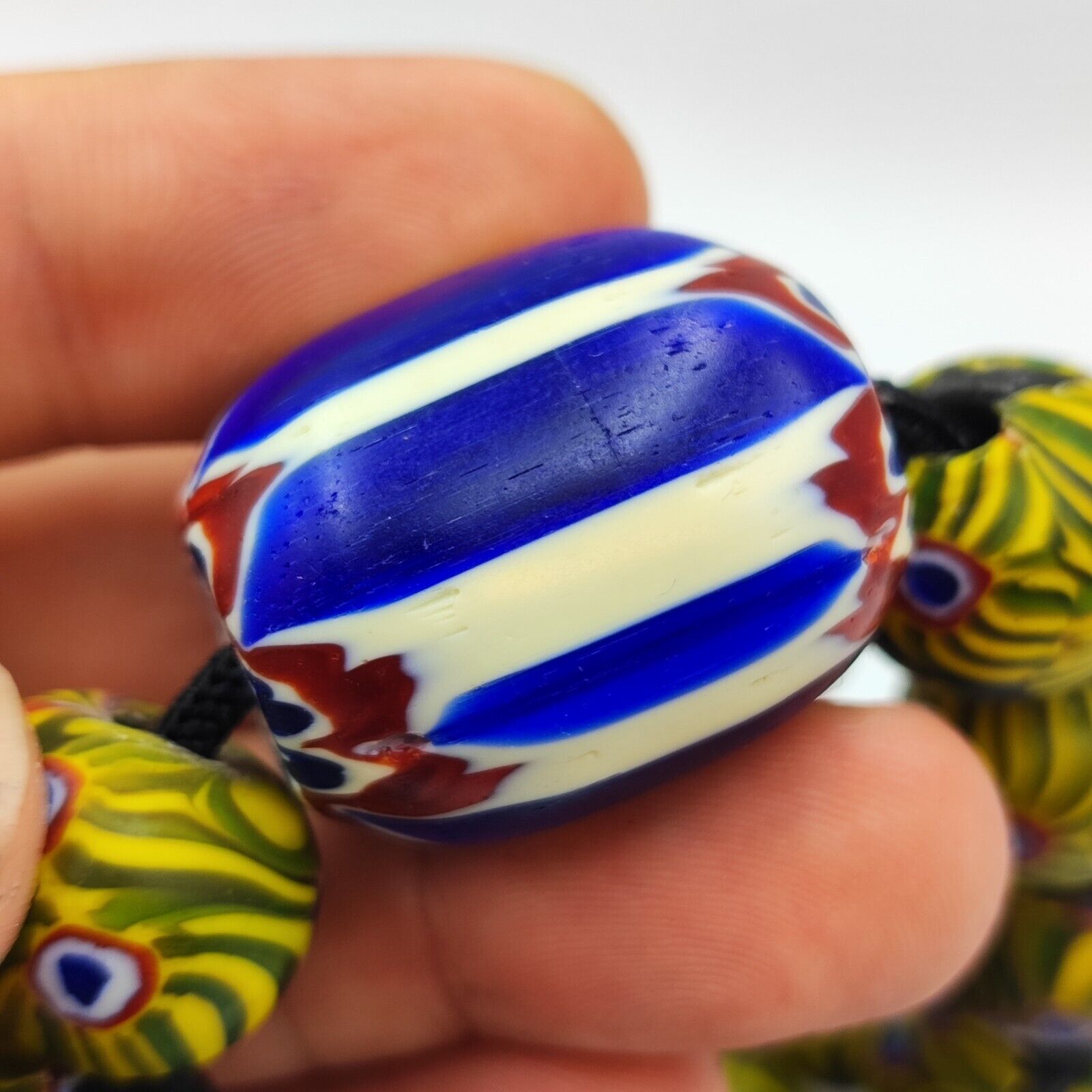 Very Unique Vintage Venetian Style Old Blue Chevron Glass Beads Long Strand