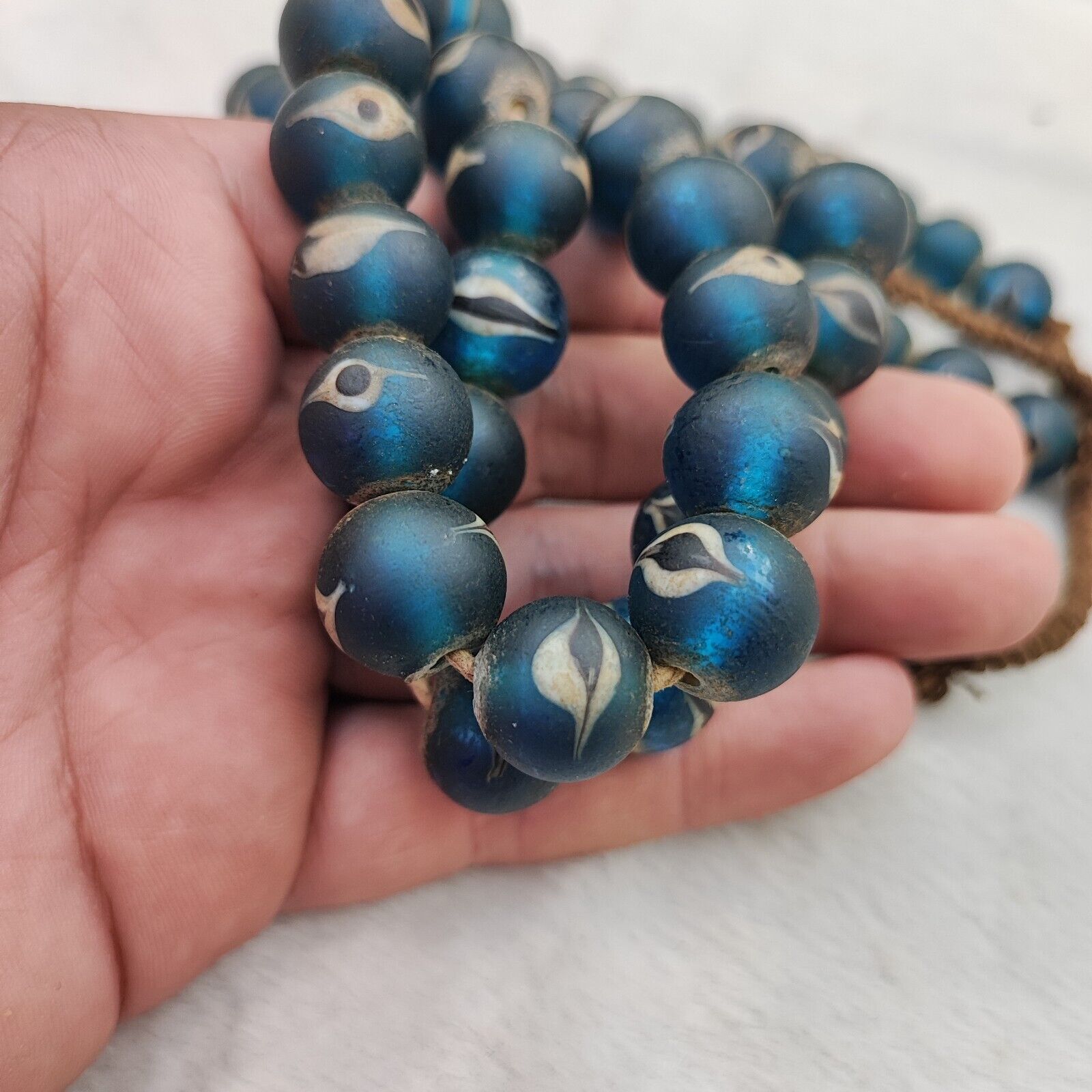 Unique Vintage Venetian Style eyes Blue Glass Beads Long Strand