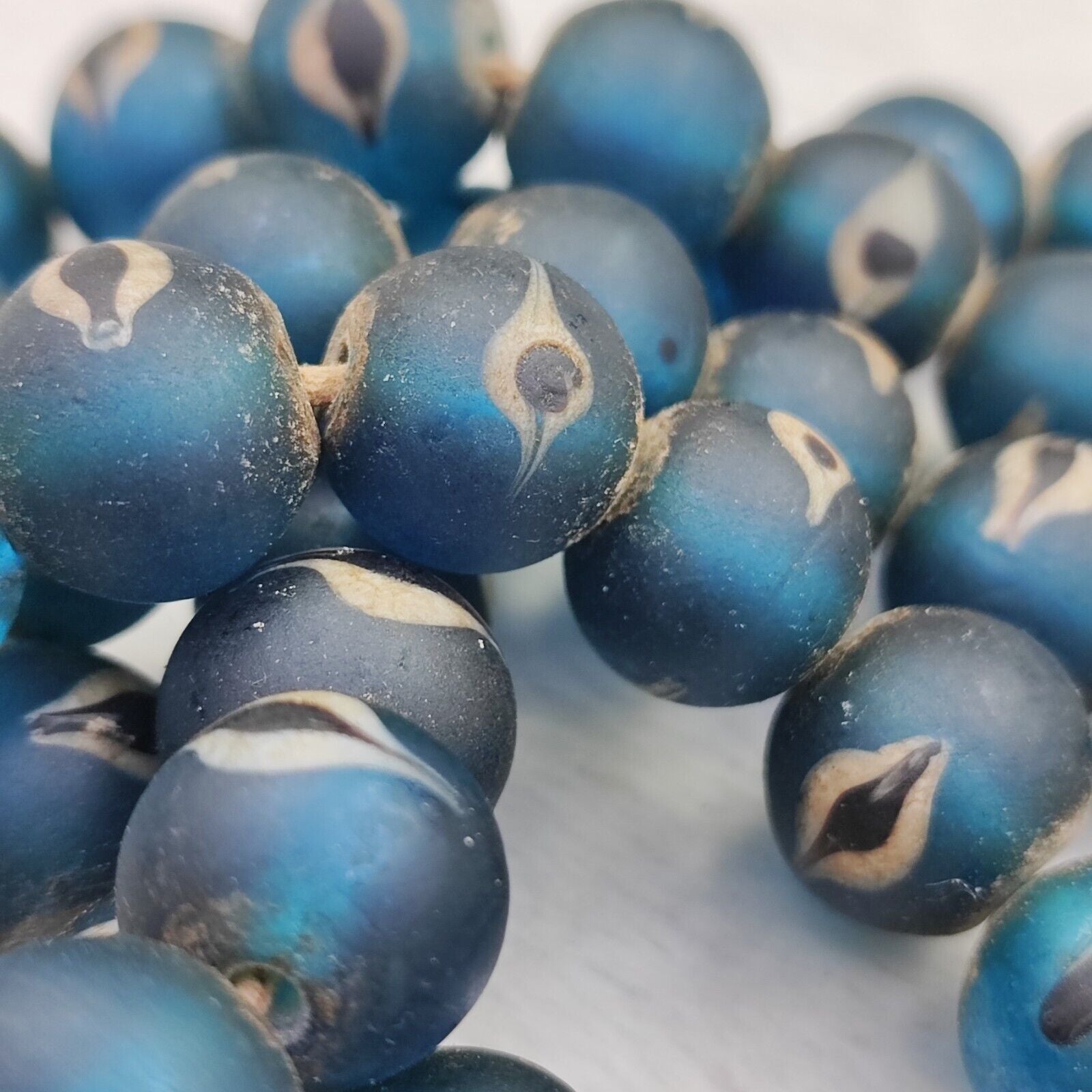 Unique Vintage Venetian Style eyes Blue Glass Beads Long Strand