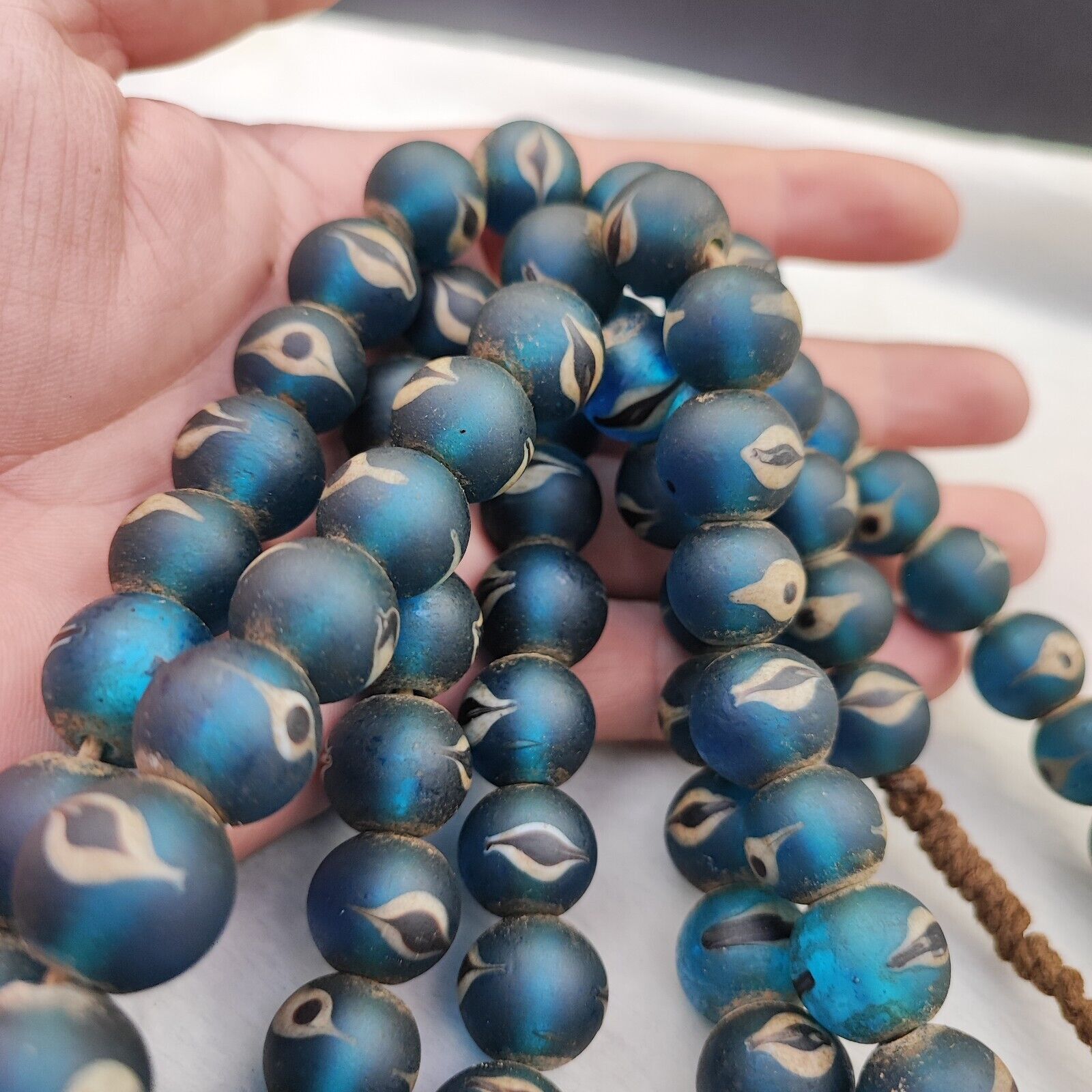 Unique Vintage Venetian Style eyes Blue Glass Beads Long Strand