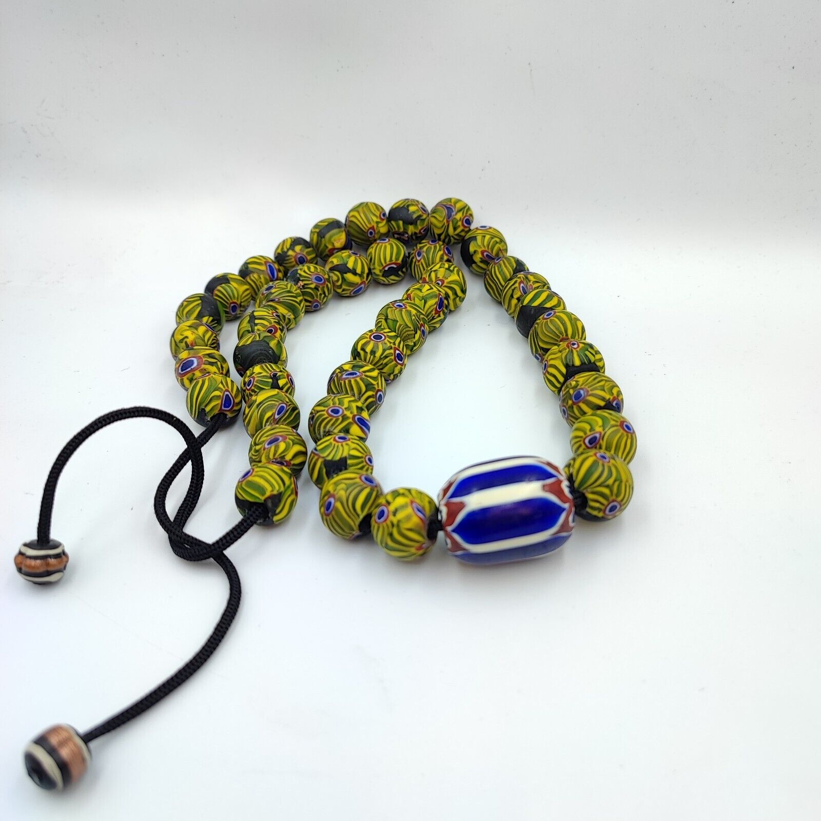 Very Unique Vintage Venetian Style Old Blue Chevron Glass Beads Long Strand