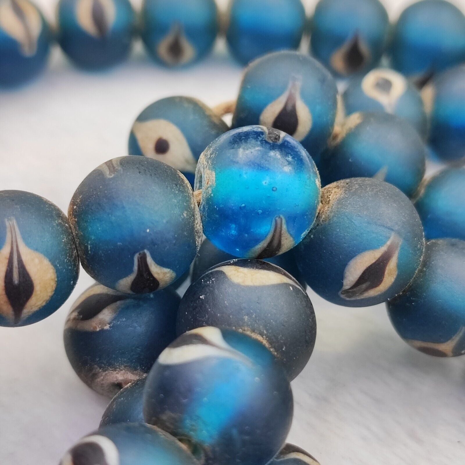 Unique Vintage Venetian Style eyes Blue Glass Beads Long Strand