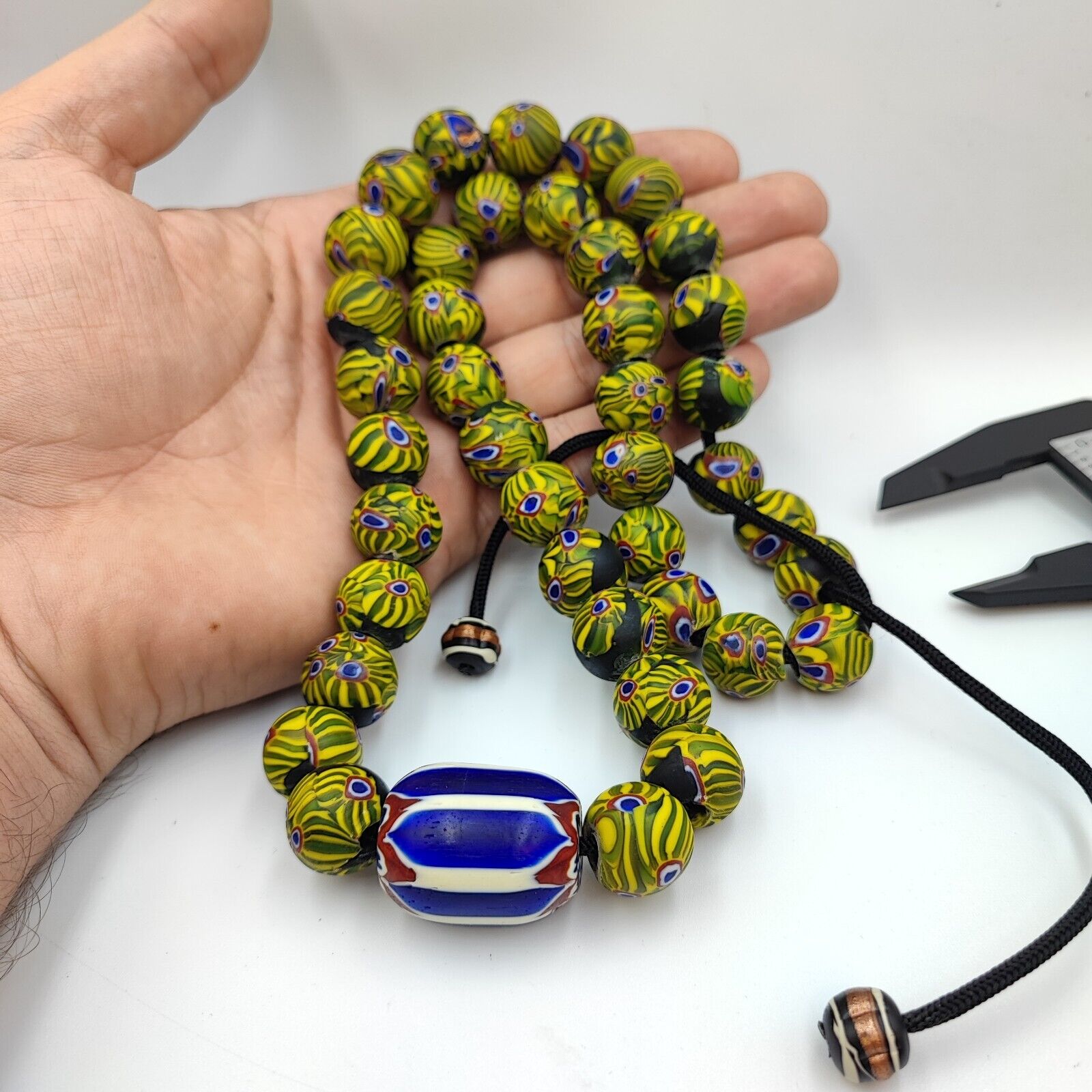 Very Unique Vintage Venetian Style Old Blue Chevron Glass Beads Long Strand