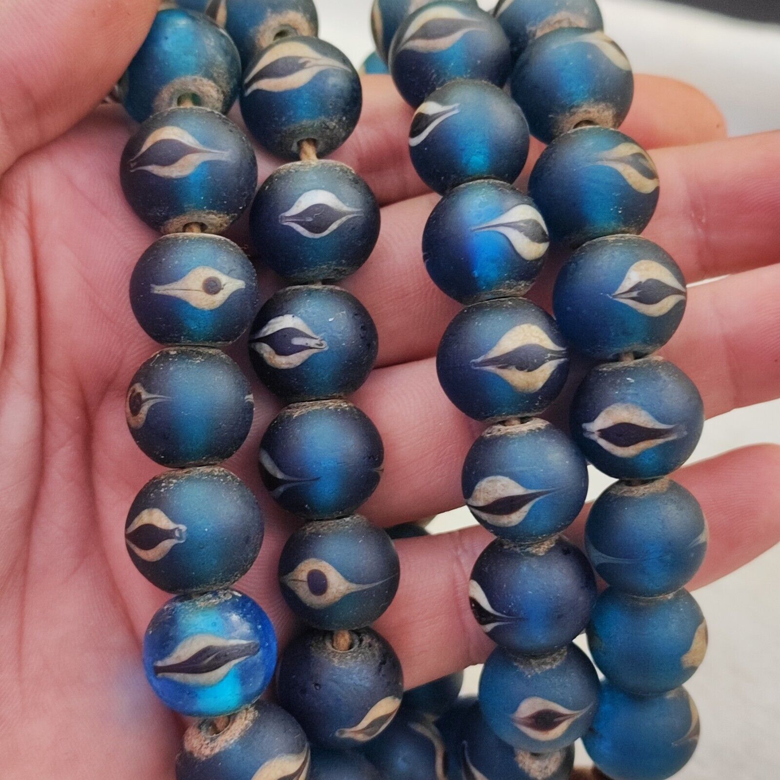 Unique Vintage Venetian Style eyes Blue Glass Beads Long Strand