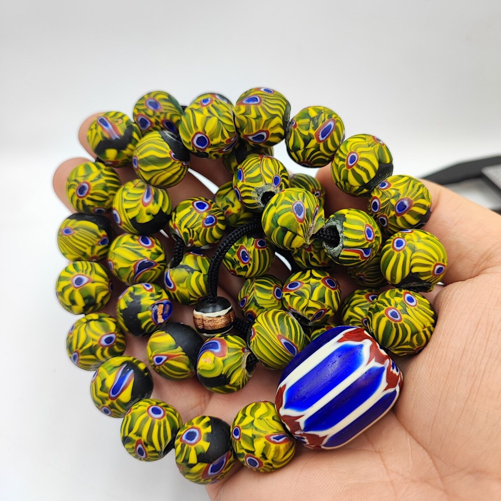Very Unique Vintage Venetian Style Old Blue Chevron Glass Beads Long Strand