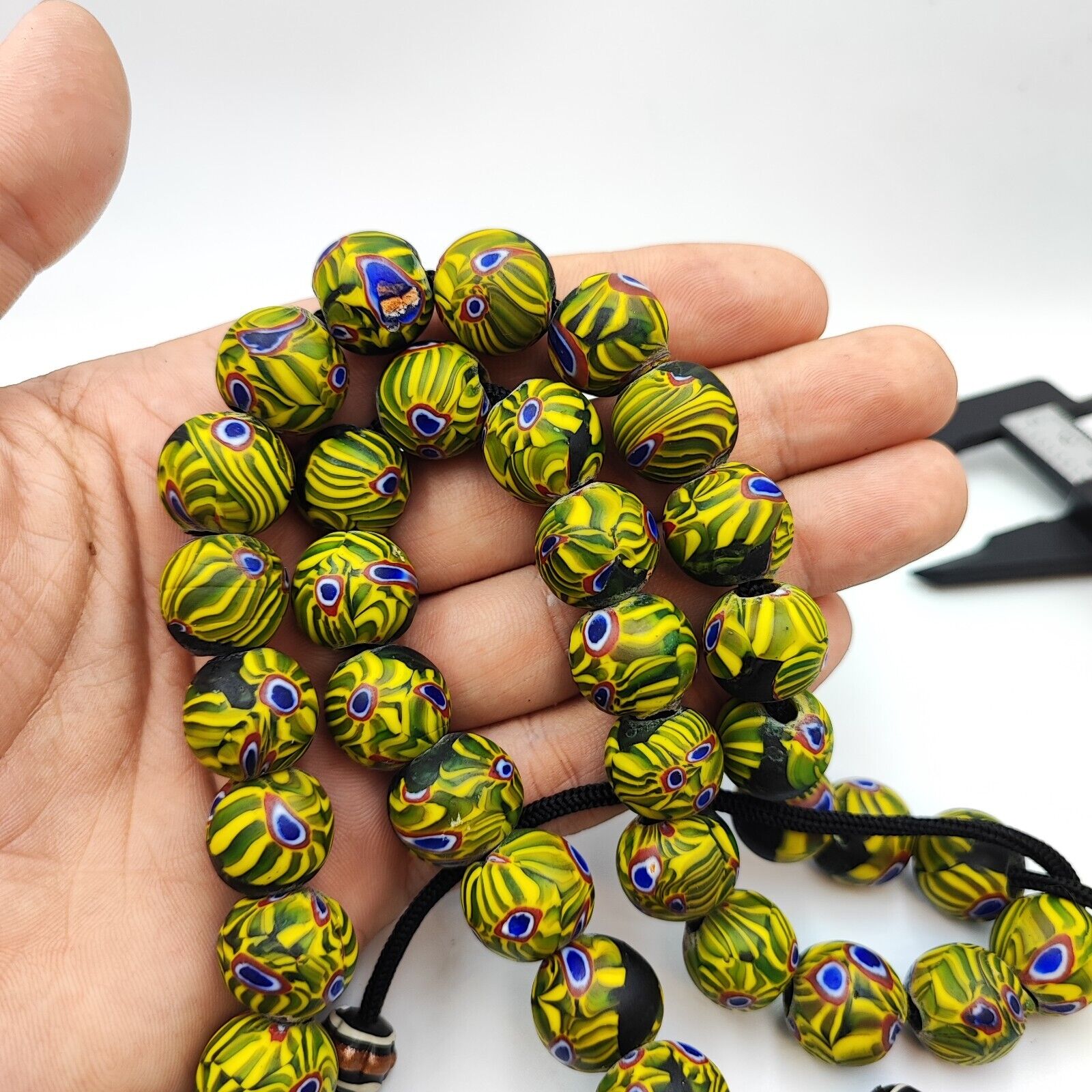 Very Unique Vintage Venetian Style Old Blue Chevron Glass Beads Long Strand