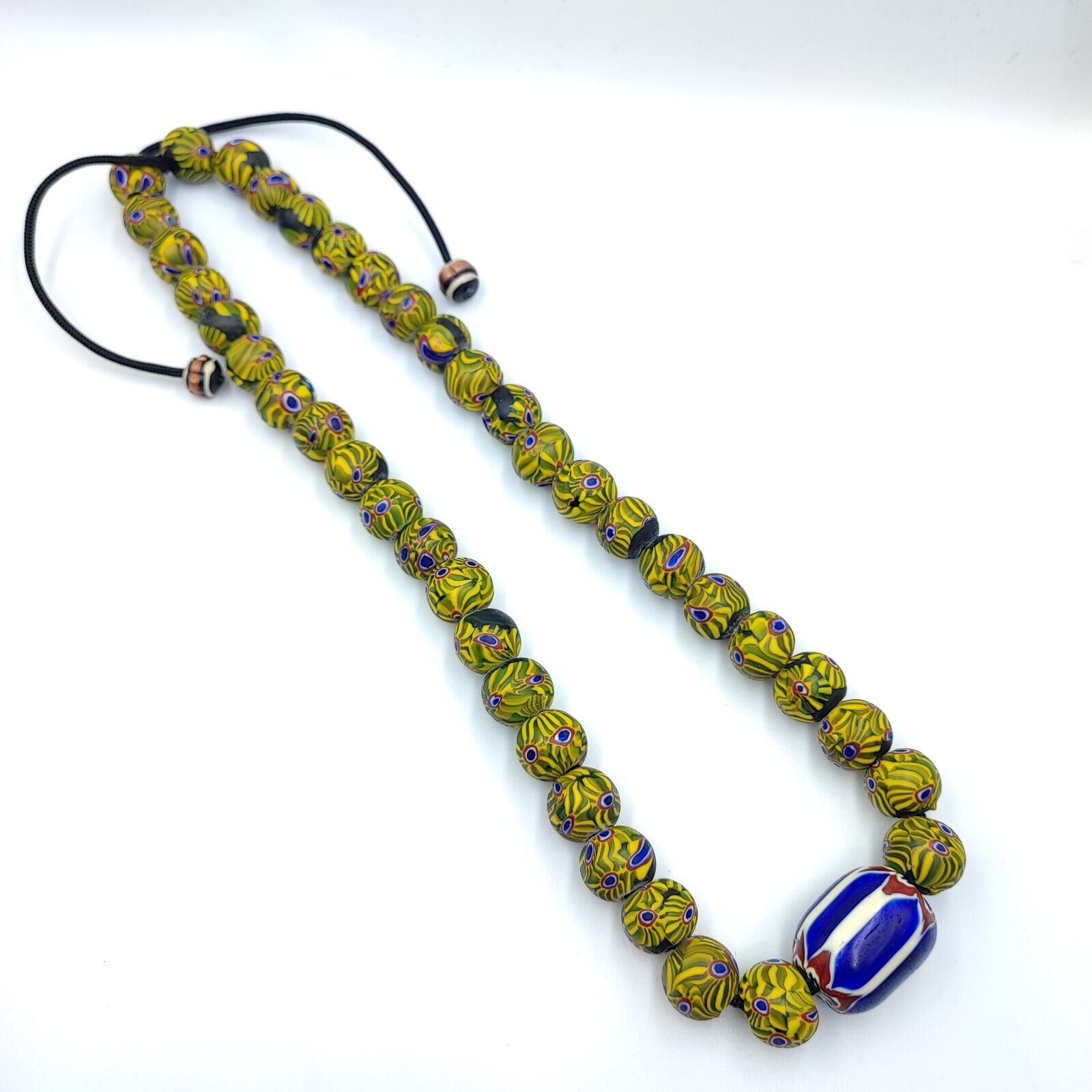 Very Unique Vintage Venetian Style Old Blue Chevron Glass Beads Long Strand