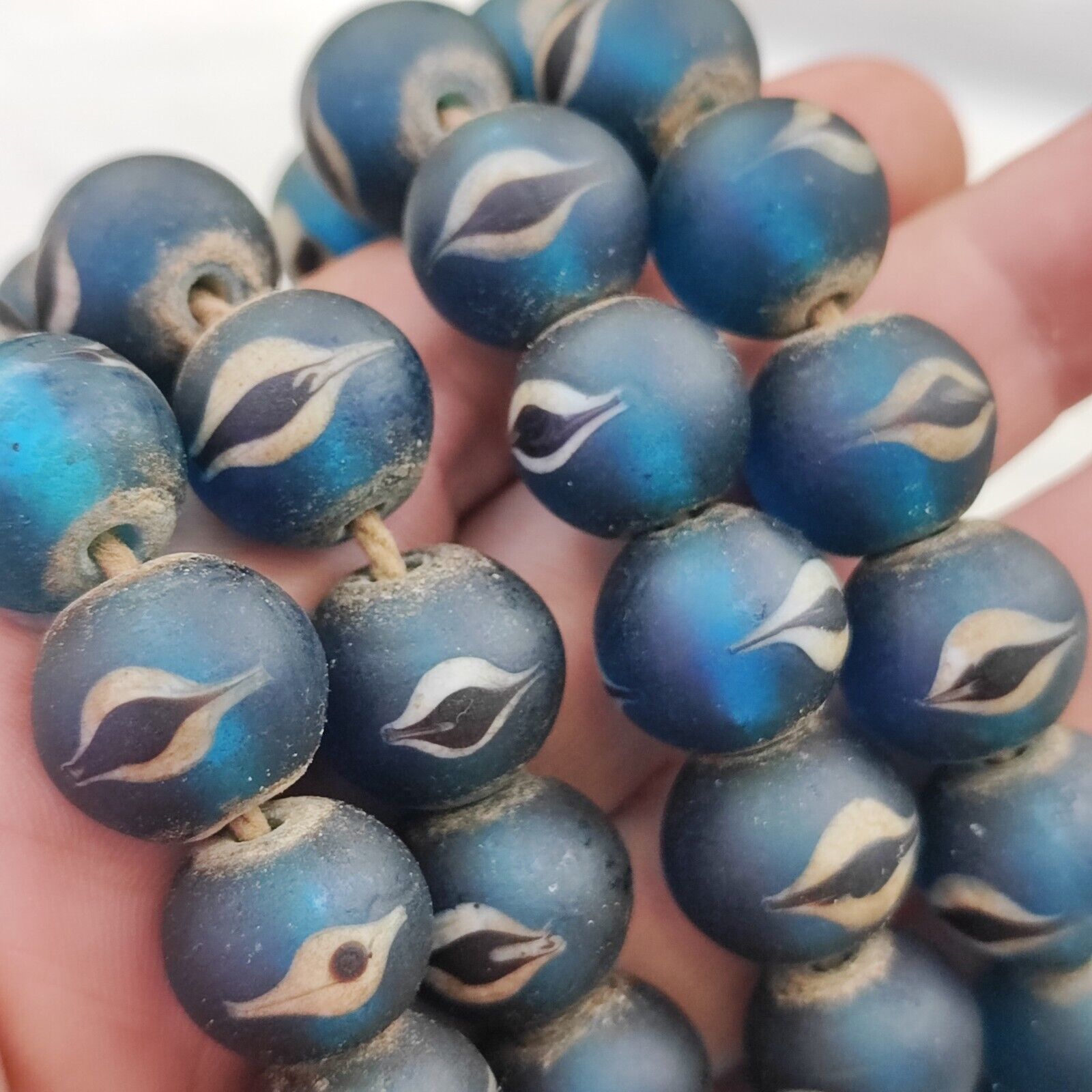 Unique Vintage Venetian Style eyes Blue Glass Beads Long Strand