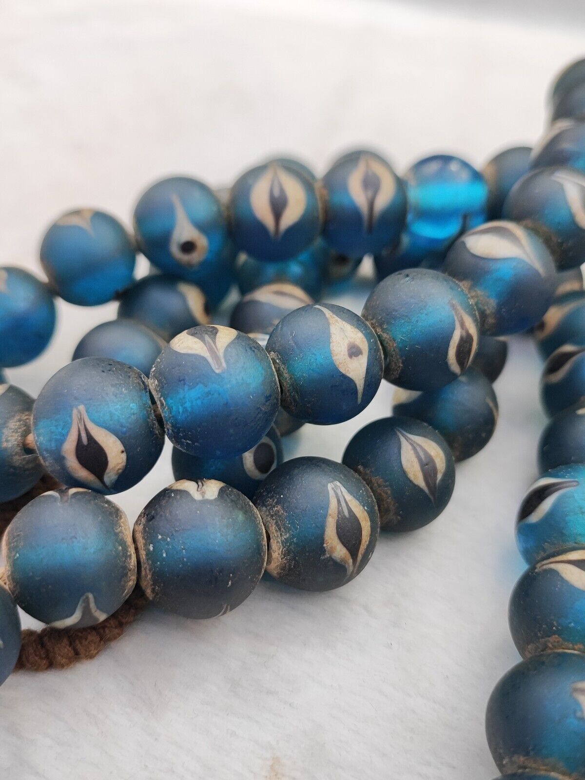 Unique Vintage Venetian Style eyes Blue Glass Beads Long Strand