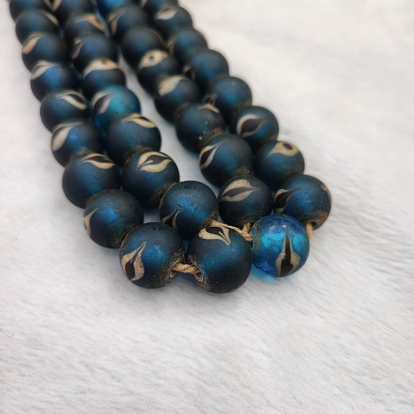 Unique Vintage Venetian Style eyes Blue Glass Beads Long Strand