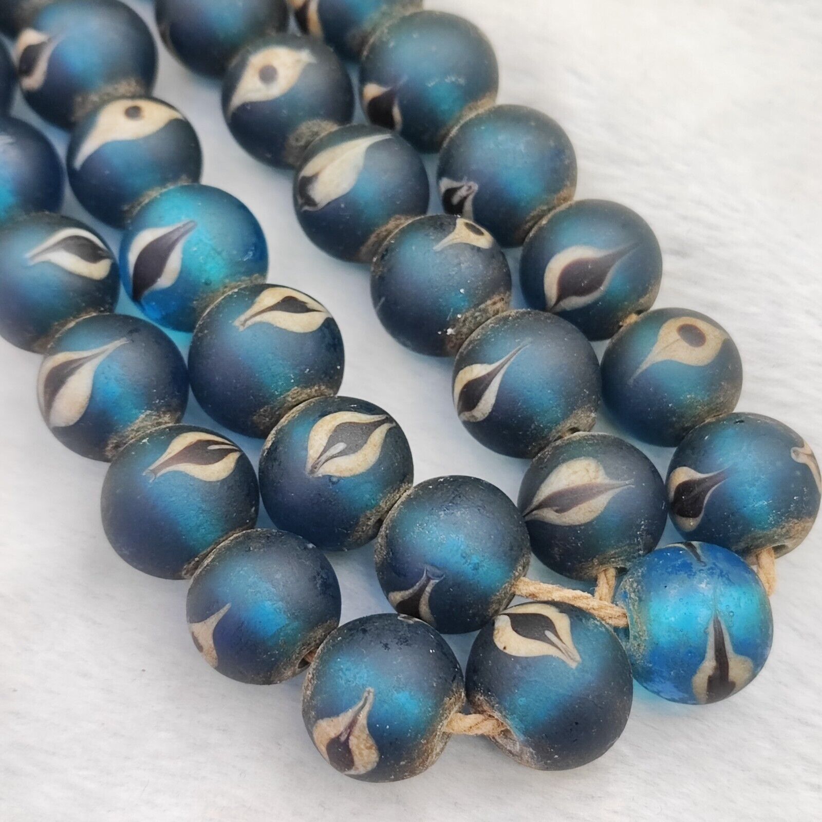 Unique Vintage Venetian Style eyes Blue Glass Beads Long Strand