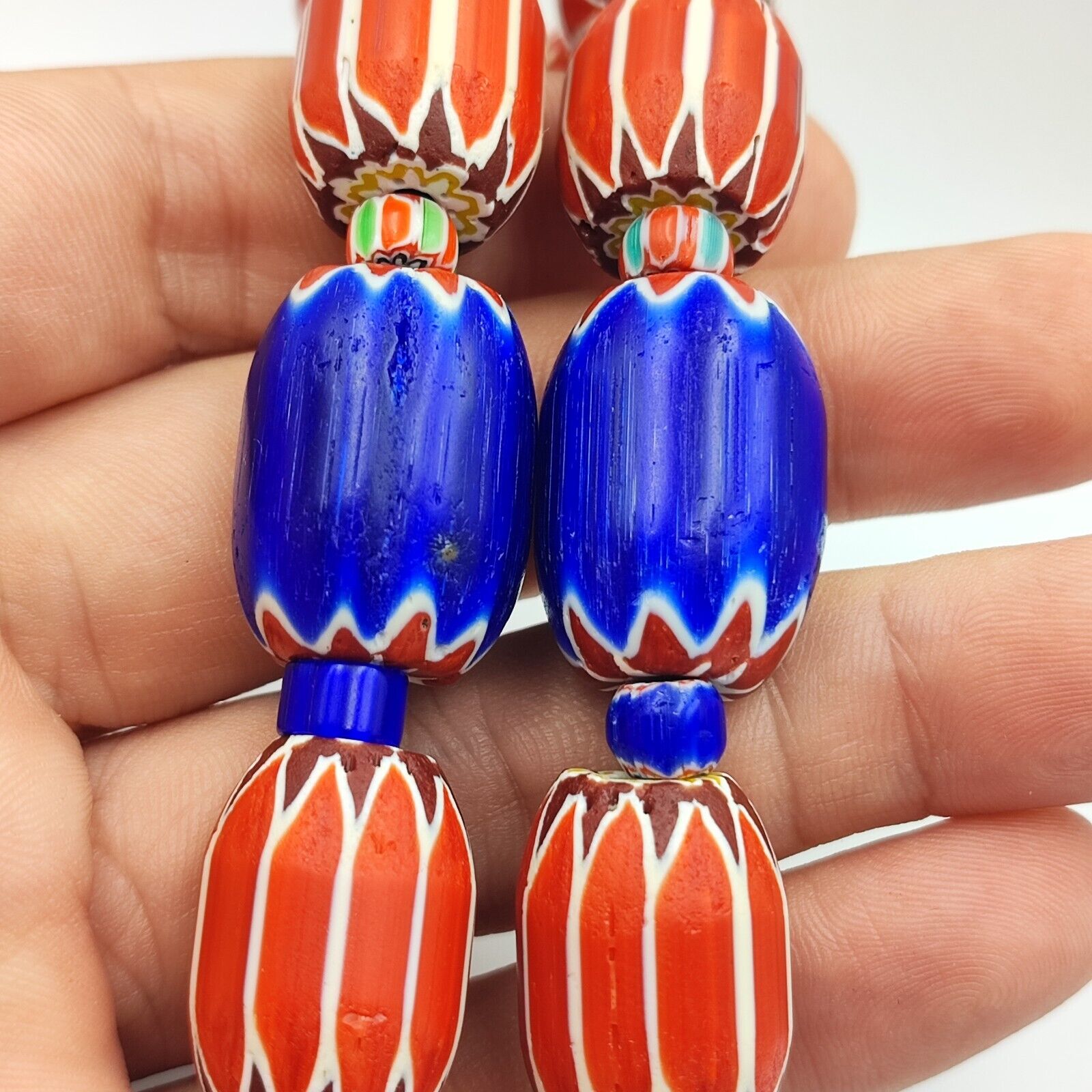 Vintage Venetian Style beads Old multi Glass Chevron Beads Long Strand Necklace