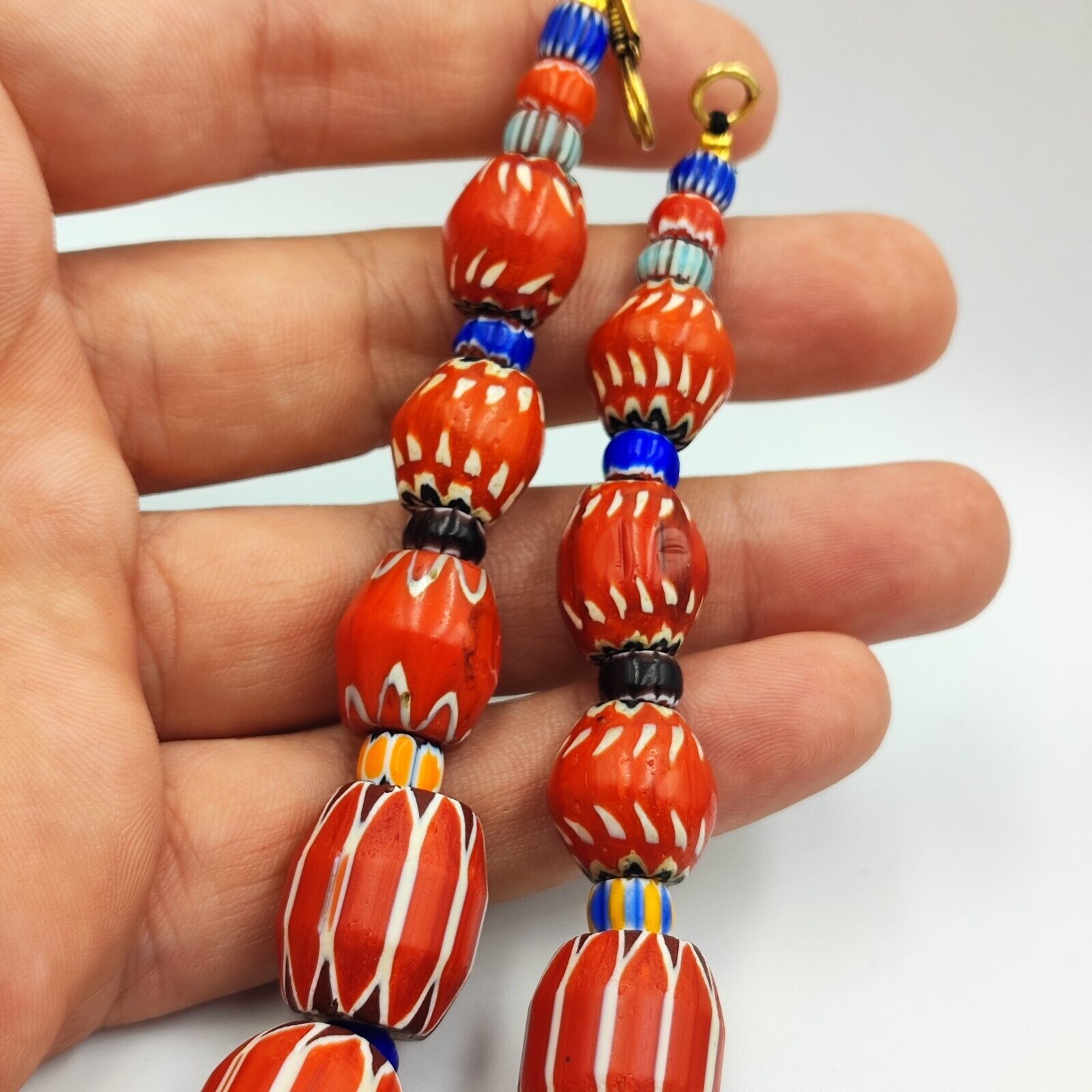 Vintage Venetian Style beads Old multi Glass Chevron Beads Long Strand Necklace