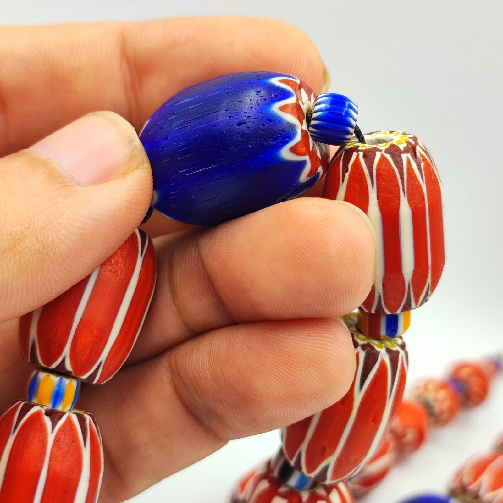 Vintage Venetian Style beads Old multi Glass Chevron Beads Long Strand Necklace