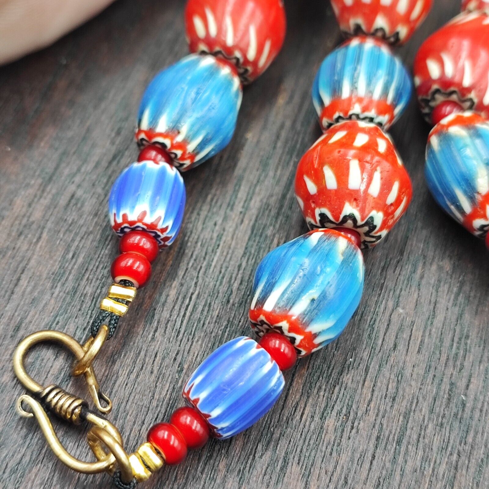 Vintage Venetian WhiteHeart and Chevron Beads Long Strand Necklace