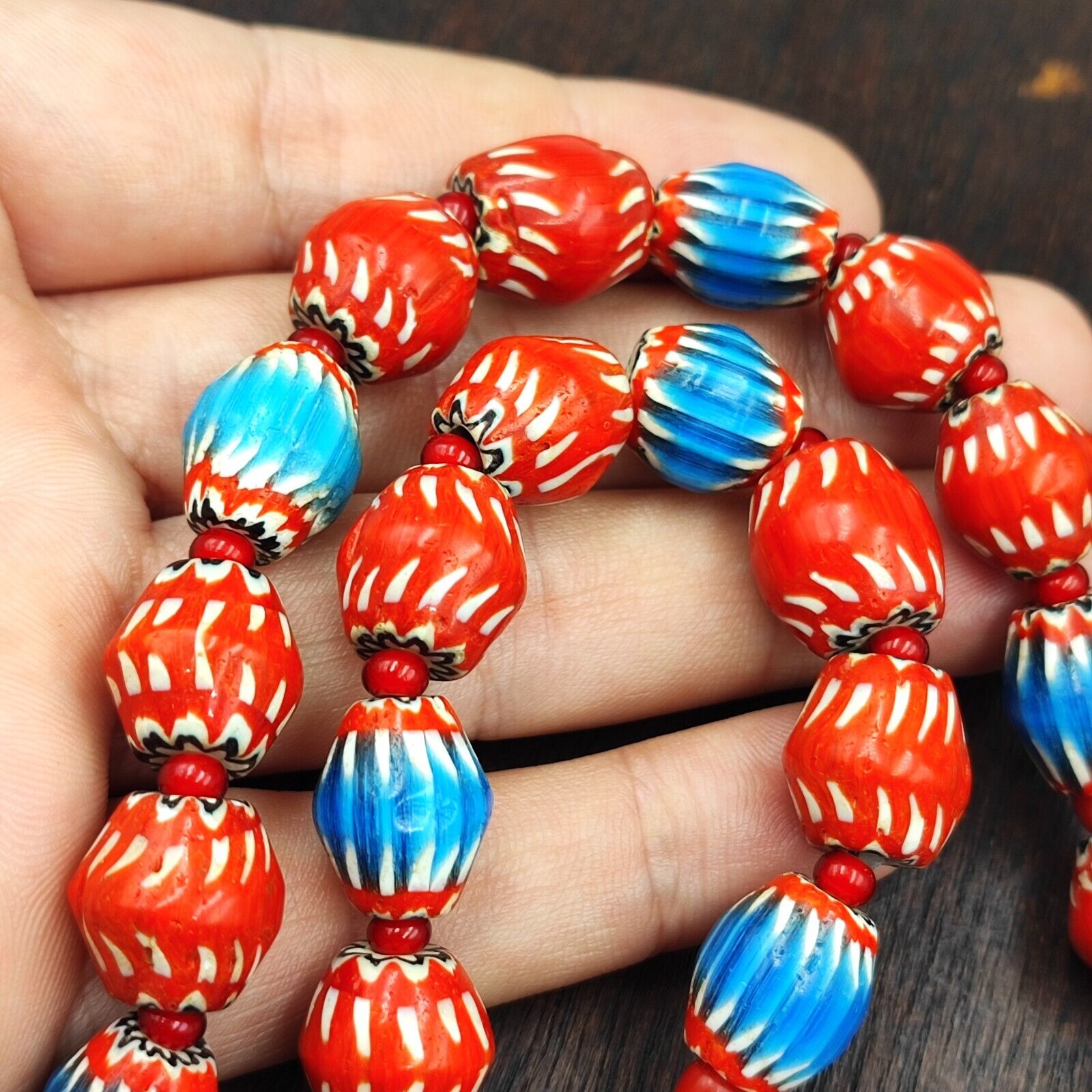 Vintage Venetian WhiteHeart and Chevron Beads Long Strand Necklace